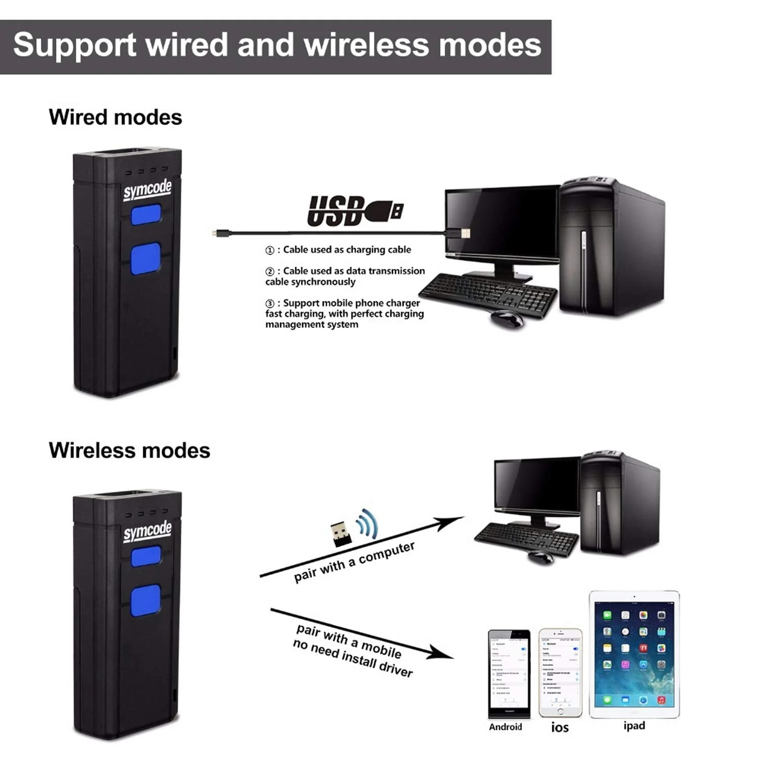 Symcode Bluetooth Wireless Barcode Scanner,Compatible with Bluetooth Function & 2.4GHz Wireless, Portable Barcode Reader Work with Windows, Mac,Android, iOS Phones, Tablets or Computers Laser 1D Bluetooth Scanner - Image 5