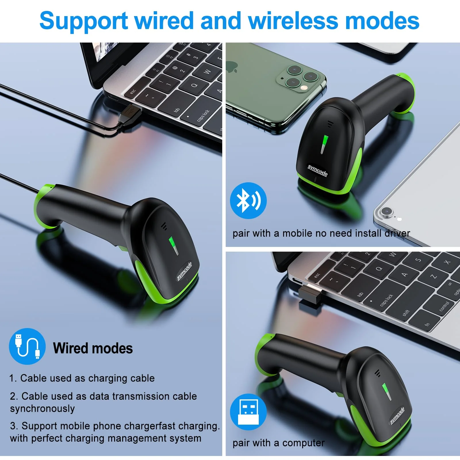 Symcode Wireless Bluetooth Barcode Scanner,Bluetooth & USB Wired & 2.4G Wireless Connection Ergonomics Handheld Barcode Scanner Reader, 2D 1D QR Code Automatic Fast Precise scanning Scanner Green - Image 2