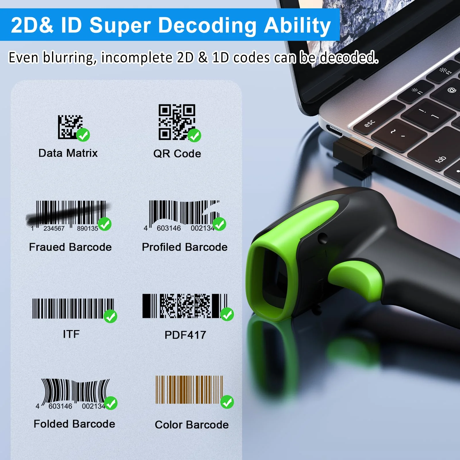 Symcode Wireless Bluetooth Barcode Scanner,Bluetooth & USB Wired & 2.4G Wireless Connection Ergonomics Handheld Barcode Scanner Reader, 2D 1D QR Code Automatic Fast Precise scanning Scanner Green - Image 5