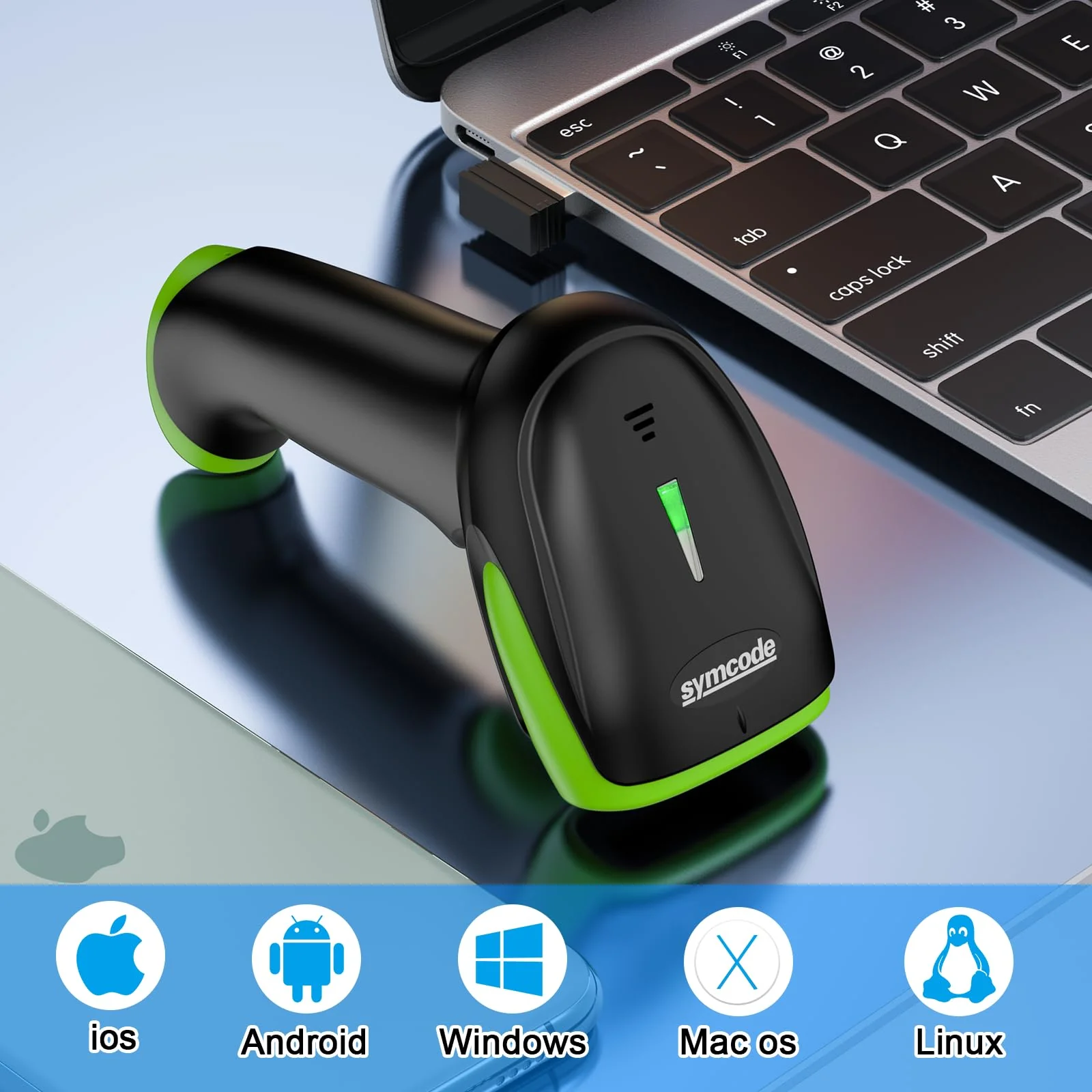 Symcode Wireless Bluetooth Barcode Scanner,Bluetooth & USB Wired & 2.4G Wireless Connection Ergonomics Handheld Barcode Scanner Reader, 2D 1D QR Code Automatic Fast Precise scanning Scanner Green - Image 7