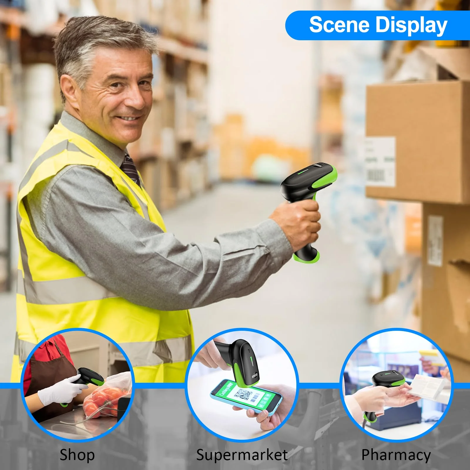 Symcode Wireless Bluetooth Barcode Scanner,Bluetooth & USB Wired & 2.4G Wireless Connection Ergonomics Handheld Barcode Scanner Reader, 2D 1D QR Code Automatic Fast Precise scanning Scanner Green - Image 8