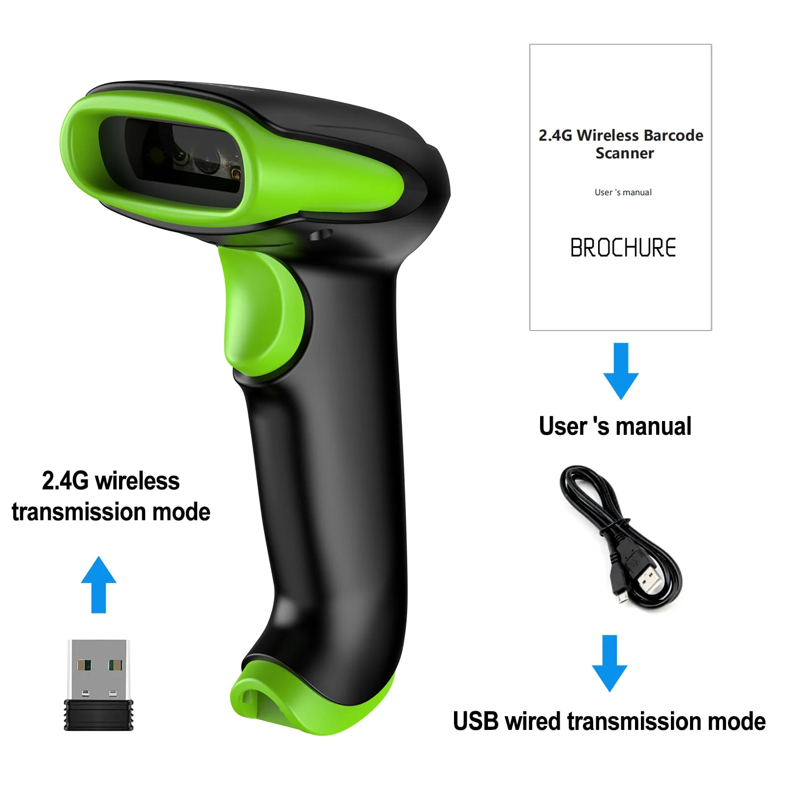 Symcode Wireless Bluetooth Barcode Scanner,Bluetooth & USB Wired & 2.4G Wireless Connection Ergonomics Handheld Barcode Scanner Reader, 2D 1D QR Code Automatic Fast Precise scanning Scanner Green - Image 9