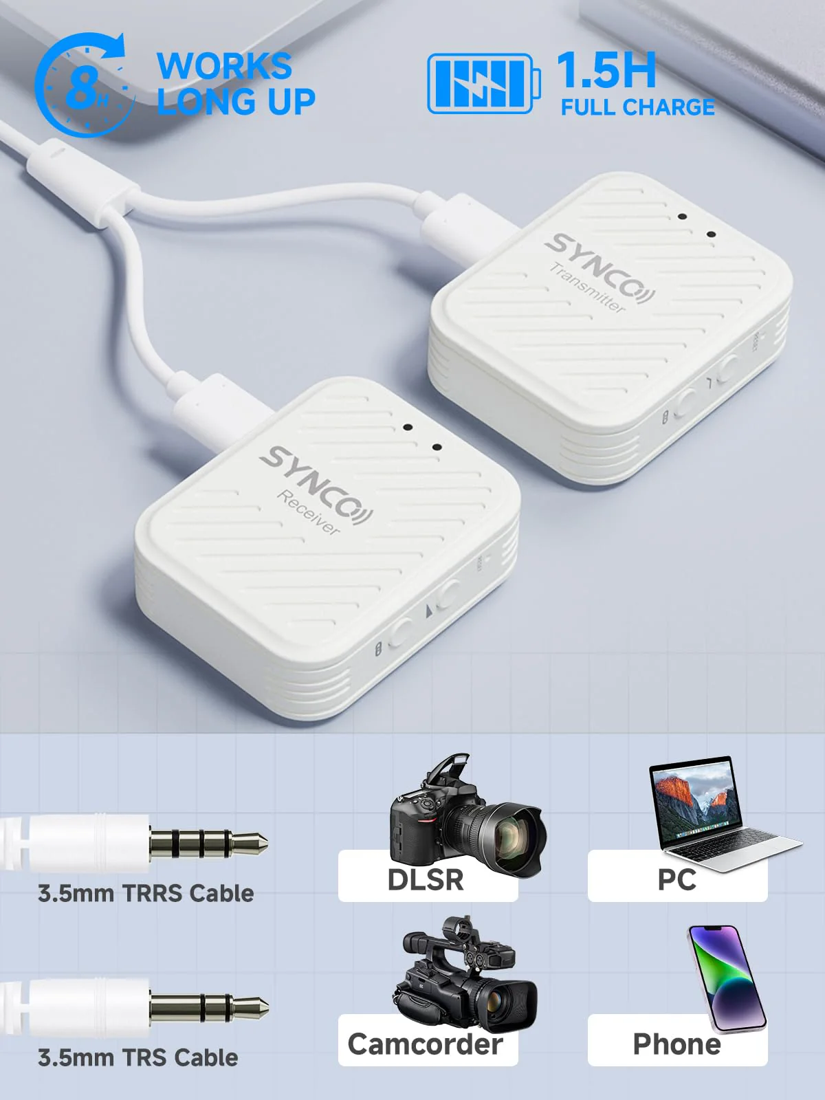 SYNCO Wireless Lavalier Microphone White, Microfonos Inalambricos Professional 3.5mm TRS 2.4GHz 70m Transmission Range Noise Cancellation Receiver and Transmitter - Image 5