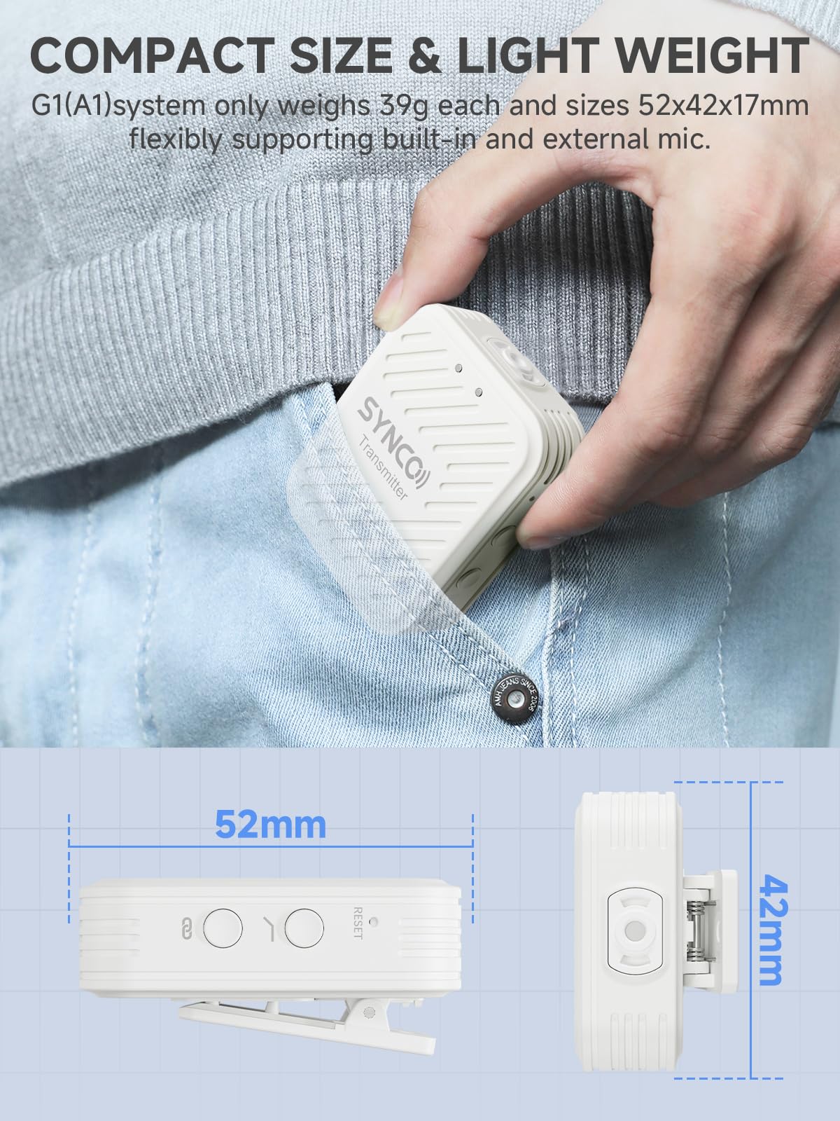 SYNCO Wireless Lavalier Microphone White, Microfonos Inalambricos Professional 3.5mm TRS 2.4GHz 70m Transmission Range Noise Cancellation Receiver and Transmitter - Image 6