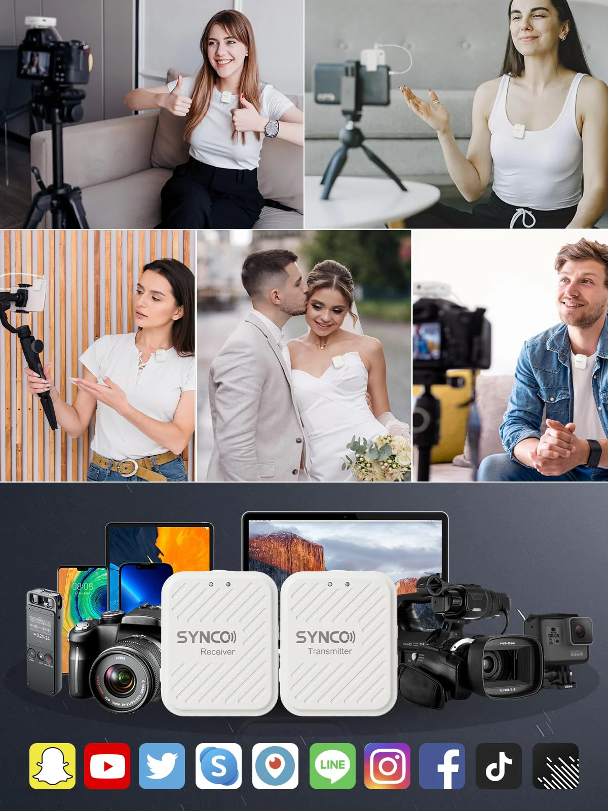 SYNCO Wireless Lavalier Microphone White, Microfonos Inalambricos Professional 3.5mm TRS 2.4GHz 70m Transmission Range Noise Cancellation Receiver and Transmitter - Image 8