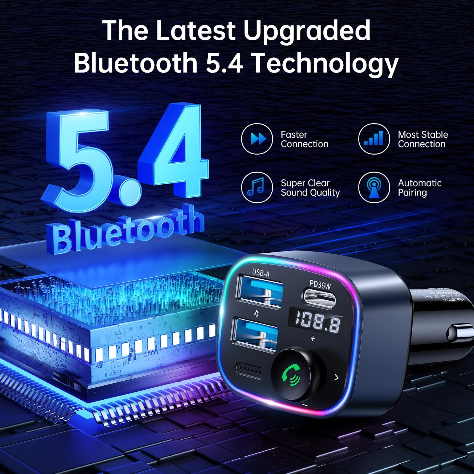 Syncwire Bluetooth 5.3 FM Transmitter Car Adapter 48W(PD 36W & 12W) [Light Switch] [Hi-Fi Deep Bass] [Fast Charging] Wireless Radio Music Adapter LED Display Hands-Free Calling Support USB Drive Dark Blue - Image 2