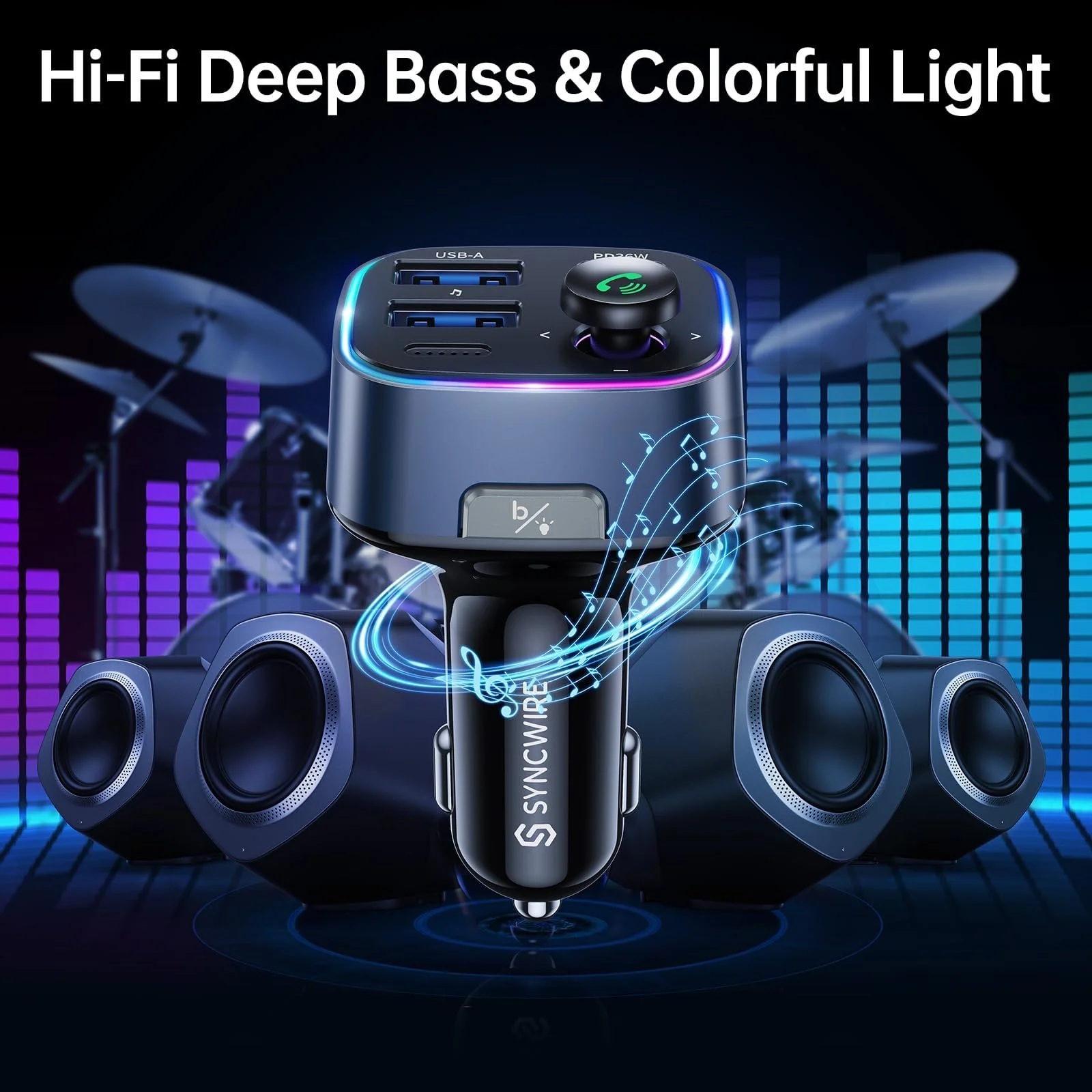 Syncwire Bluetooth 5.3 FM Transmitter Car Adapter 48W(PD 36W & 12W) [Light Switch] [Hi-Fi Deep Bass] [Fast Charging] Wireless Radio Music Adapter LED Display Hands-Free Calling Support USB Drive Dark Blue - Image 5