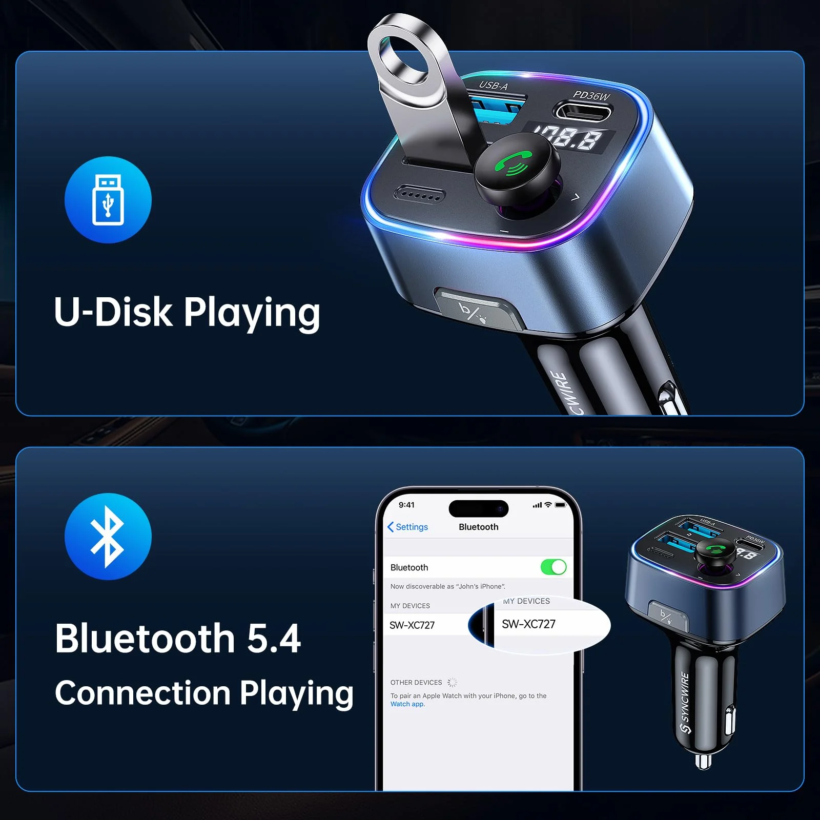 Syncwire Bluetooth 5.3 FM Transmitter Car Adapter 48W(PD 36W & 12W) [Light Switch] [Hi-Fi Deep Bass] [Fast Charging] Wireless Radio Music Adapter LED Display Hands-Free Calling Support USB Drive Dark Blue - Image 6