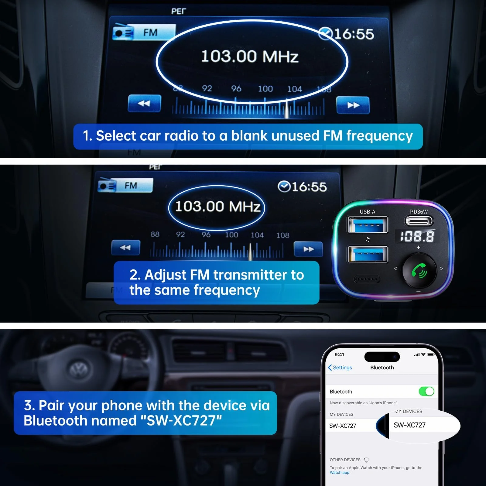 Syncwire Bluetooth 5.3 FM Transmitter Car Adapter 48W(PD 36W & 12W) [Light Switch] [Hi-Fi Deep Bass] [Fast Charging] Wireless Radio Music Adapter LED Display Hands-Free Calling Support USB Drive Dark Blue - Image 7