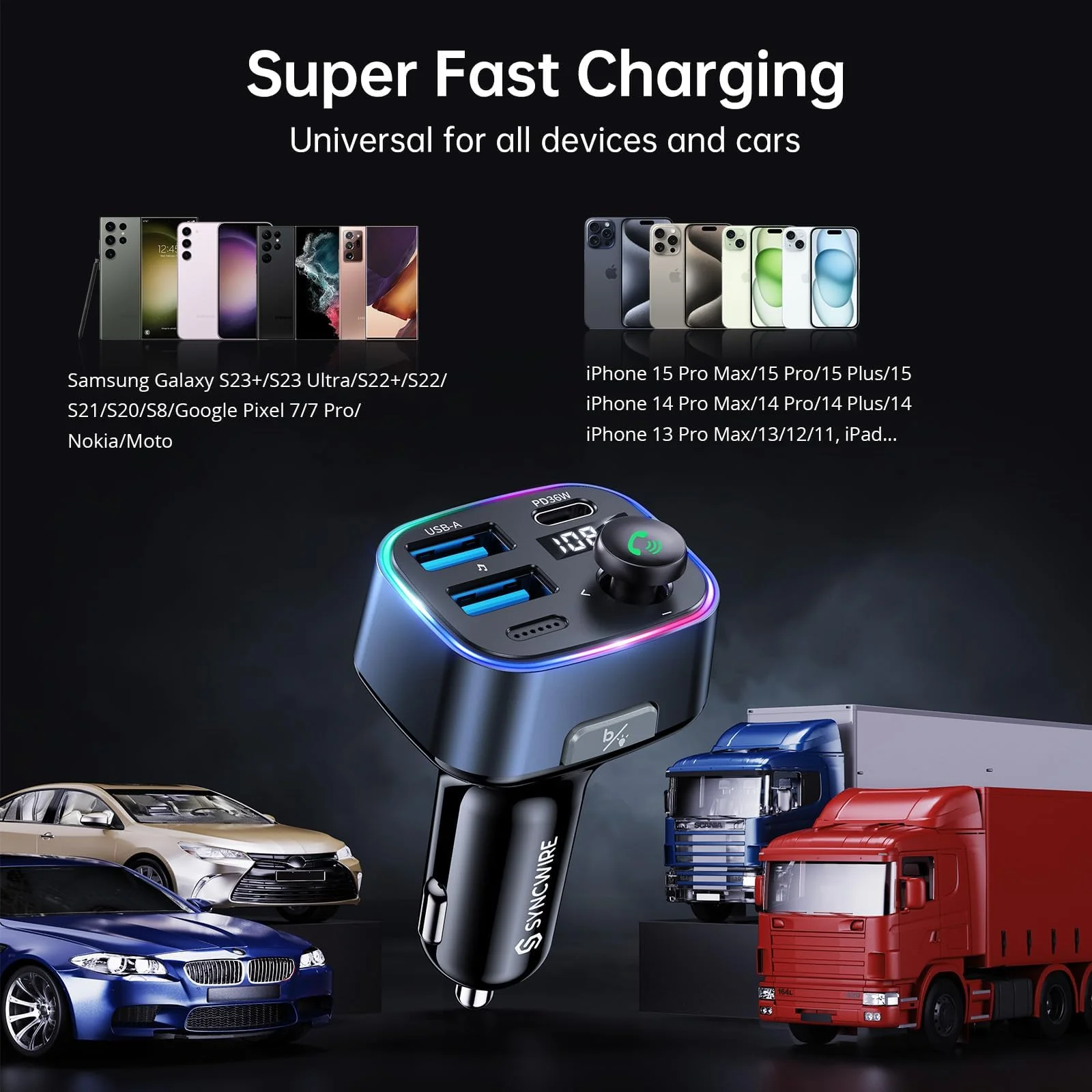 Syncwire Bluetooth 5.3 FM Transmitter Car Adapter 48W(PD 36W & 12W) [Light Switch] [Hi-Fi Deep Bass] [Fast Charging] Wireless Radio Music Adapter LED Display Hands-Free Calling Support USB Drive Dark Blue - Image 8