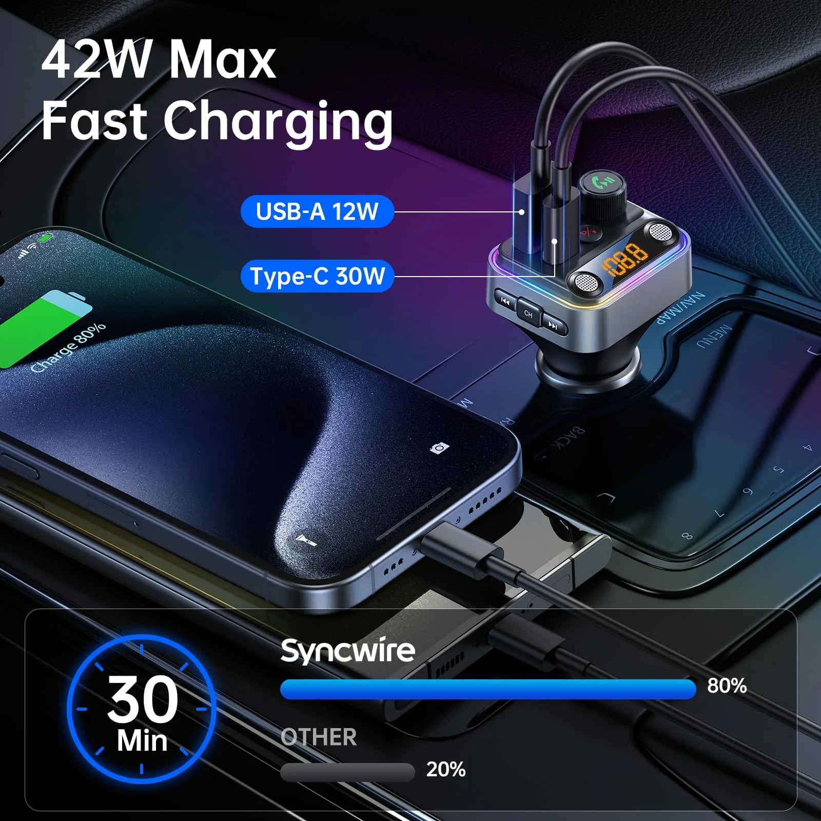 Syncwire Bluetooth 5.4 FM Transmitter Car Adapter 42W [Light Switch] [Stronger Dual-mic] [HiFi Bass Sound] [Fast Charging] Wireless FM Radio Music Adapter Hands-Free Calling Support USB Drive, Silver - Image 3