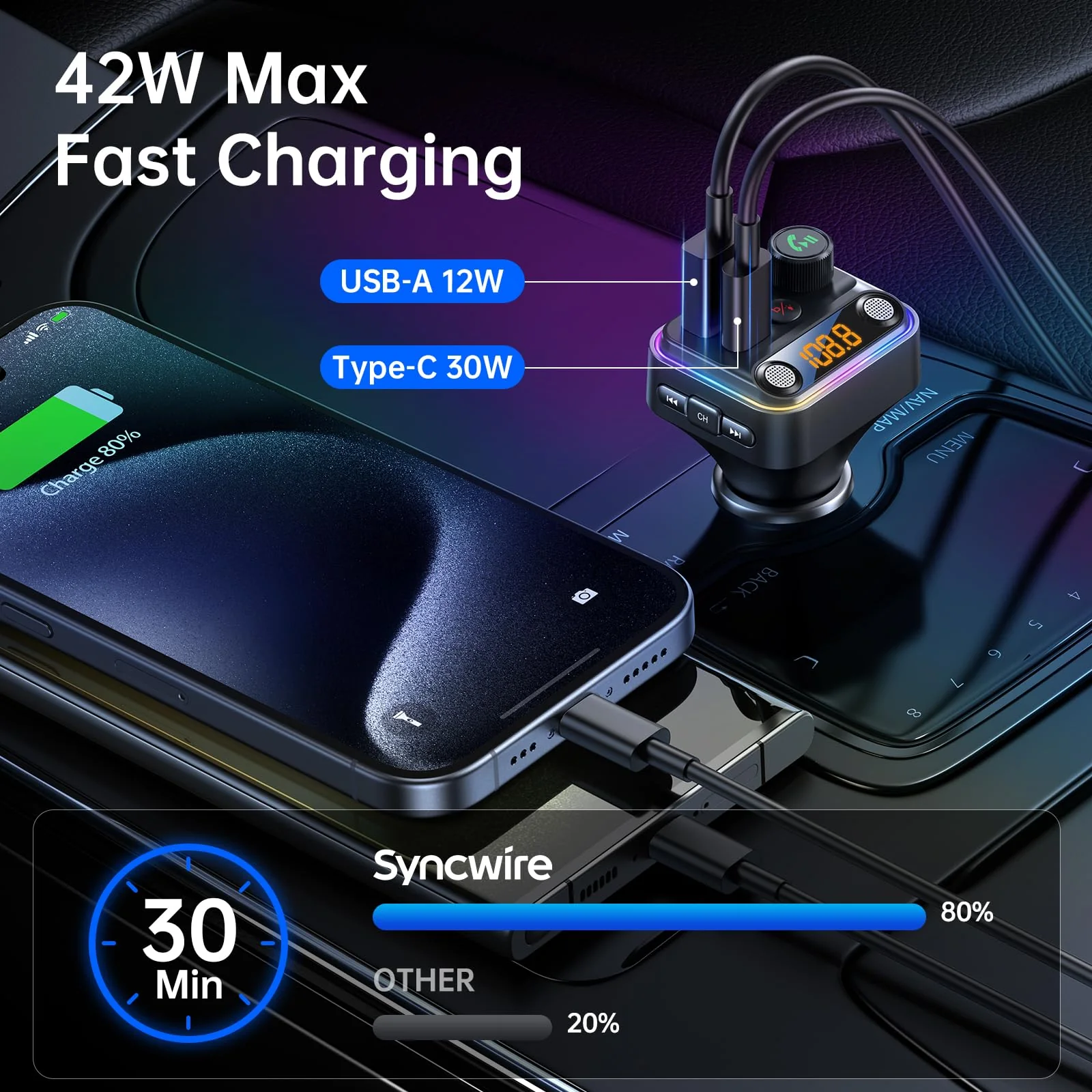 Syncwire Bluetooth 5.4 FM Transmitter Car Adapter 42W [Light Switch] [Stronger Dual-mic] [HiFi Bass Sound] [Fast Charging] Wireless FM Radio Stereo Music Adapter Hands-Free Calling Support USB Drive Black - Image 3