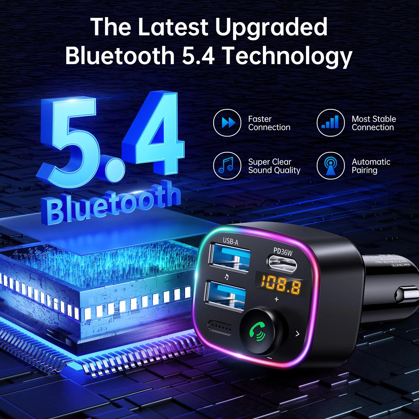 Syncwire Bluetooth 5.4 FM Transmitter Car Adapter 48W (PD 36W & 12W) [Light Switch] [HiFi Bass Sound] [Fast Charging] Wireless Radio Music Adapter LED Display Hands-Free Calling Support USB Drive Black - Image 2