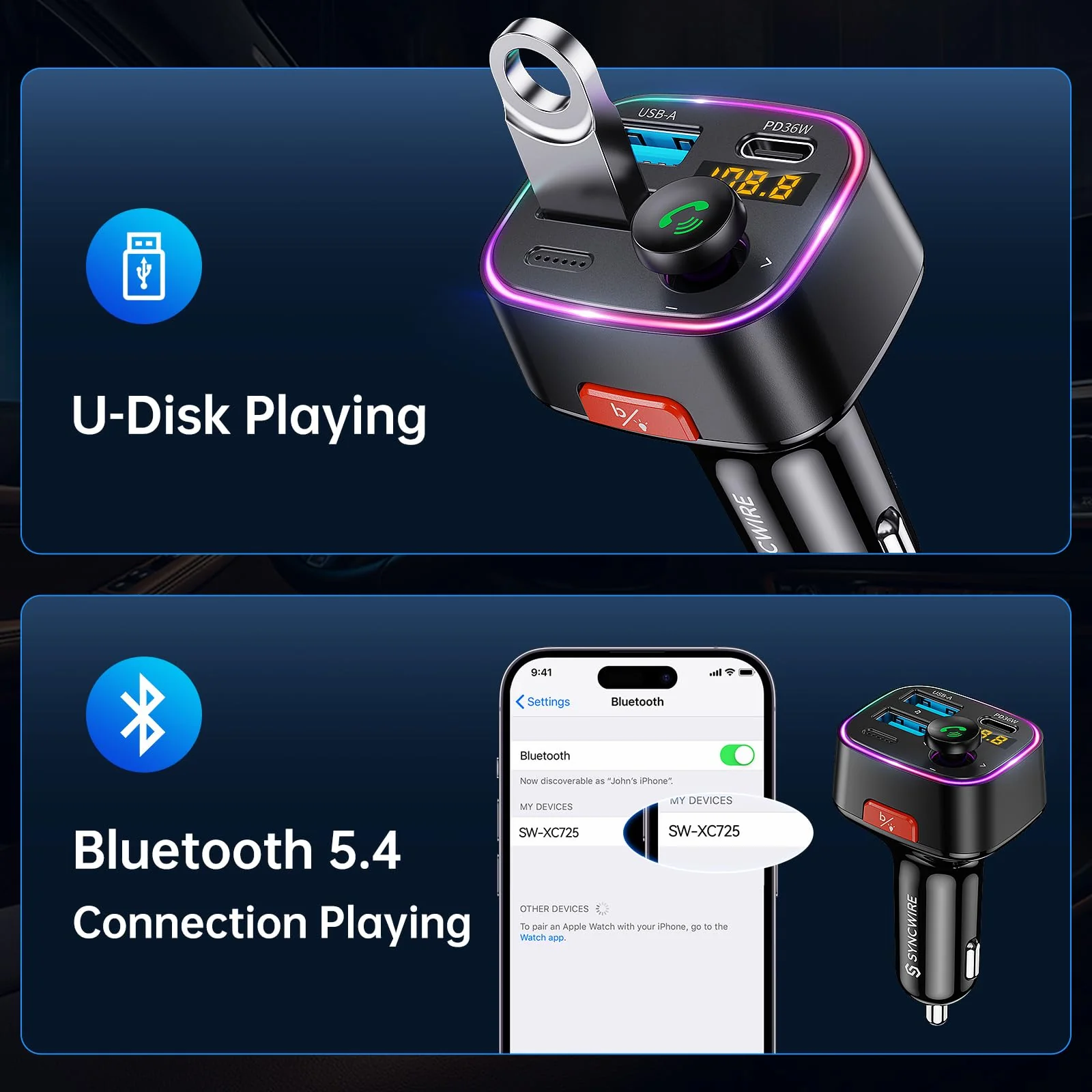 Syncwire Bluetooth 5.4 FM Transmitter Car Adapter 48W (PD 36W & 12W) [Light Switch] [HiFi Bass Sound] [Fast Charging] Wireless Radio Music Adapter LED Display Hands-Free Calling Support USB Drive Black - Image 5