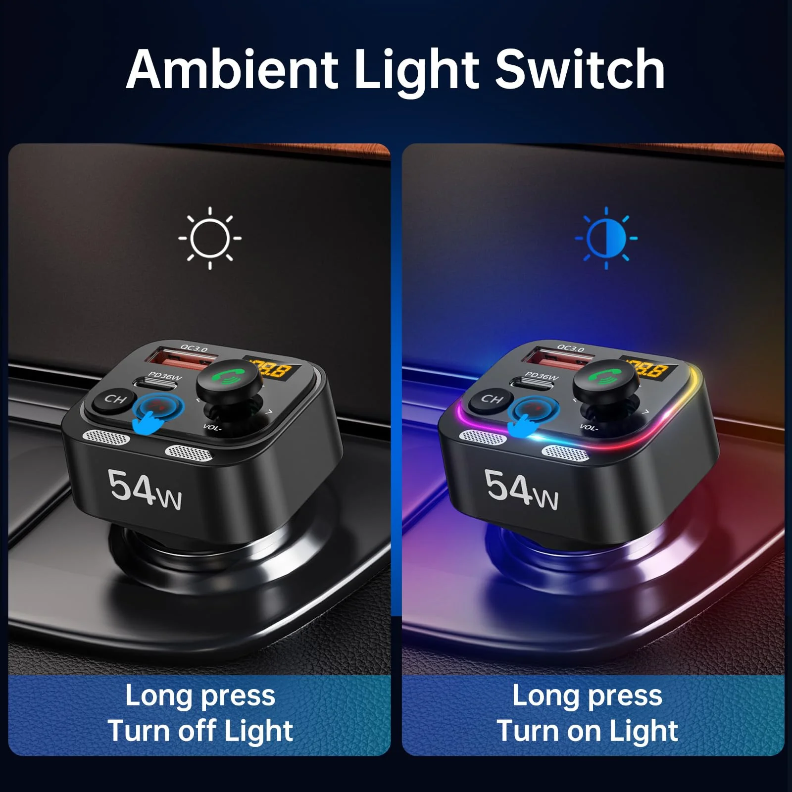 Syncwire Bluetooth 5.4 FM Transmitter Car Adapter 54W (PD 36W & 18W) [Stronger Dual Mics] [Light Switch] [HiFi Bass Sound] [Fast Charging] Wireless Radio Receiver Hands-Free Calling LED Display Black - Image 5