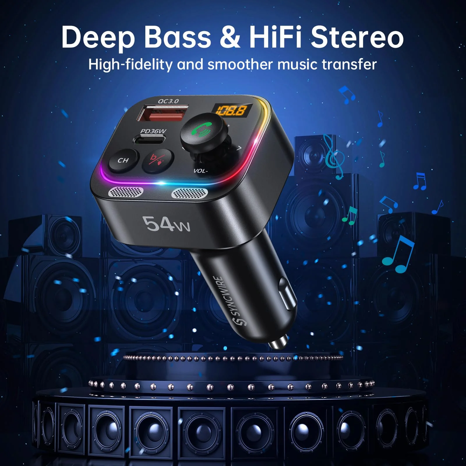 Syncwire Bluetooth 5.4 FM Transmitter Car Adapter 54W (PD 36W & 18W) [Stronger Dual Mics] [Light Switch] [HiFi Bass Sound] [Fast Charging] Wireless Radio Receiver Hands-Free Calling LED Display Black - Image 6