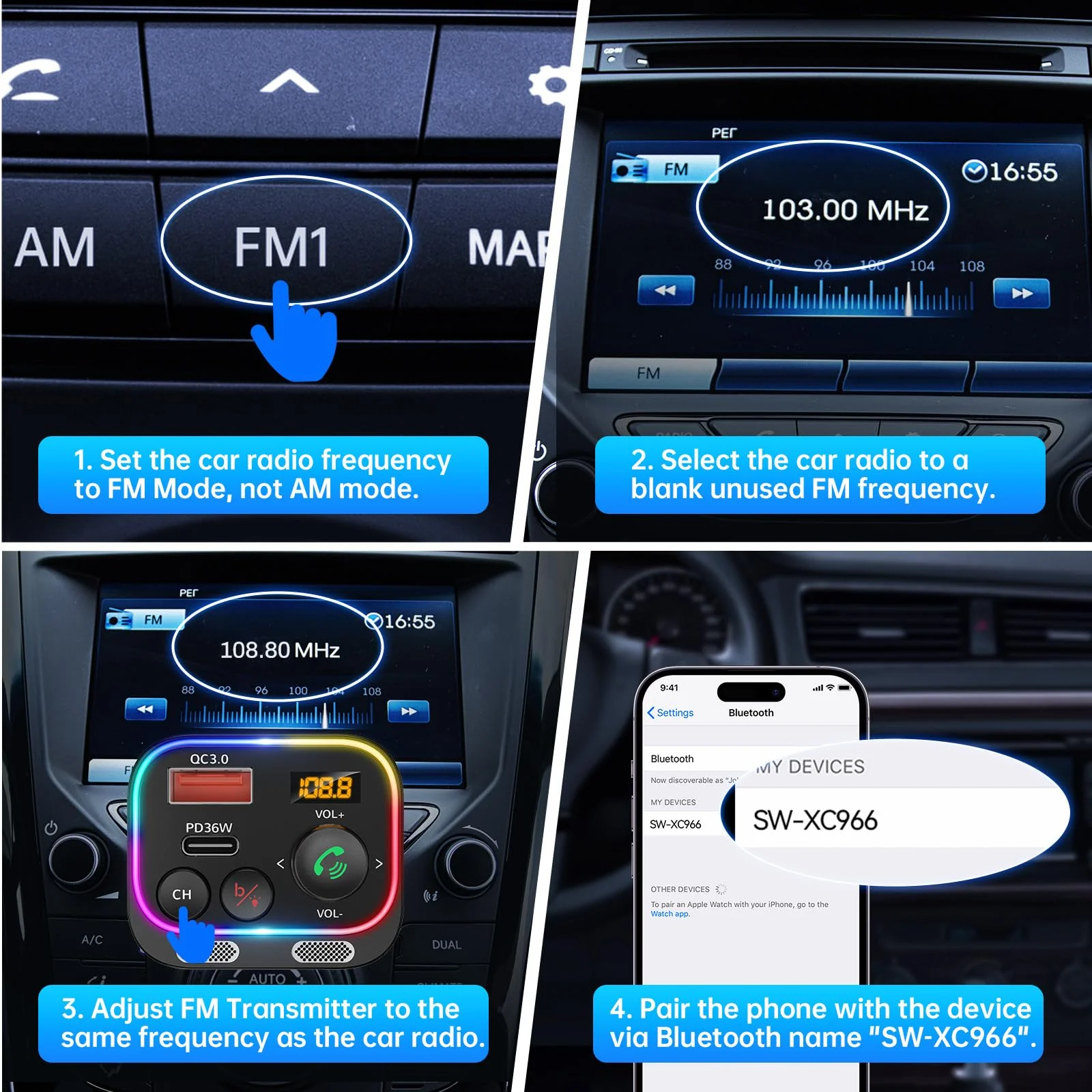 Syncwire Bluetooth 5.4 FM Transmitter Car Adapter 54W (PD 36W & 18W) [Stronger Dual Mics] [Light Switch] [HiFi Bass Sound] [Fast Charging] Wireless Radio Receiver Hands-Free Calling LED Display Black - Image 8