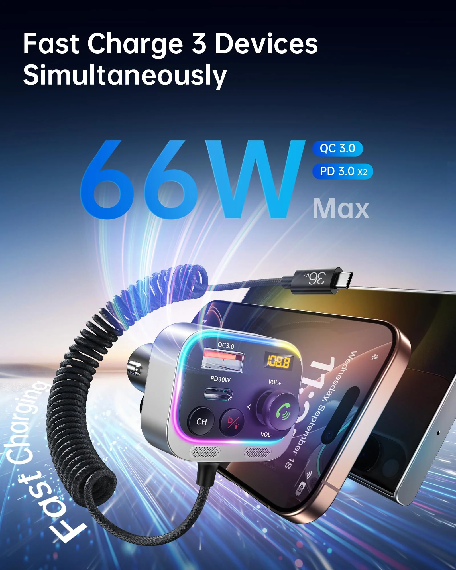 Syncwire Bluetooth 5.4 FM Transmitter Car Adapter 66W PD & QC 3.0 Fast Charging with USB-C Cable Wireless Radio Adapter with Light Control, HiFi Bass, Hands-Free Calling and Strong Mics - Image 3