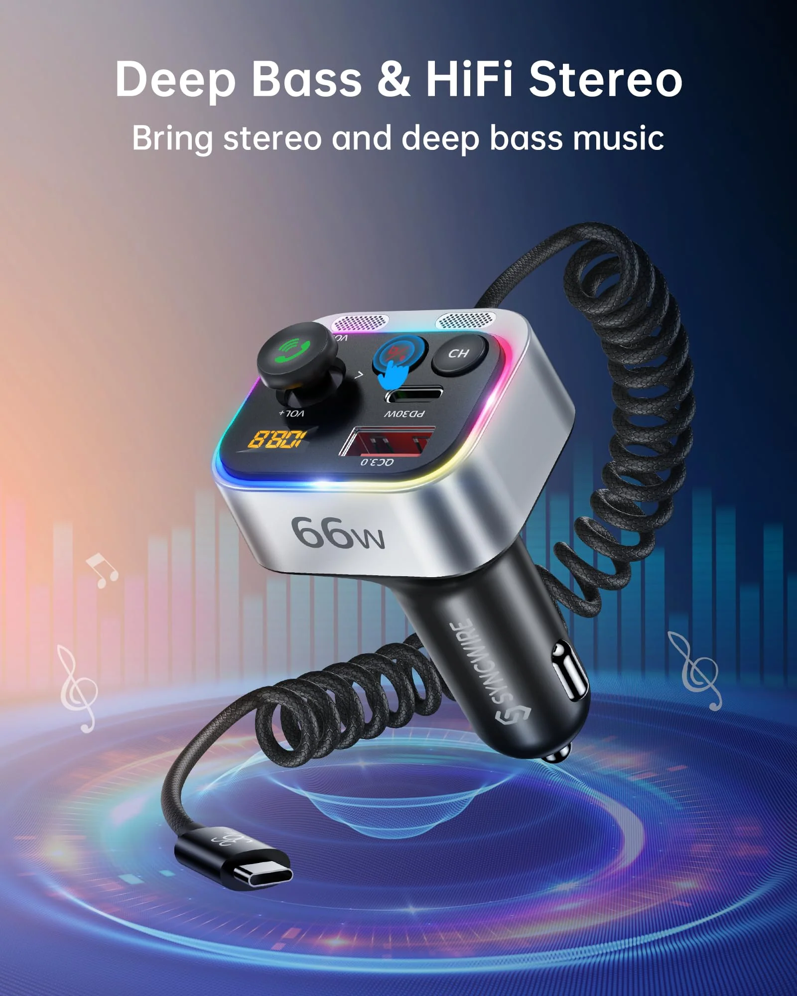 Syncwire Bluetooth 5.4 FM Transmitter Car Adapter 66W PD & QC 3.0 Fast Charging with USB-C Cable Wireless Radio Adapter with Light Control, HiFi Bass, Hands-Free Calling and Strong Mics - Image 5