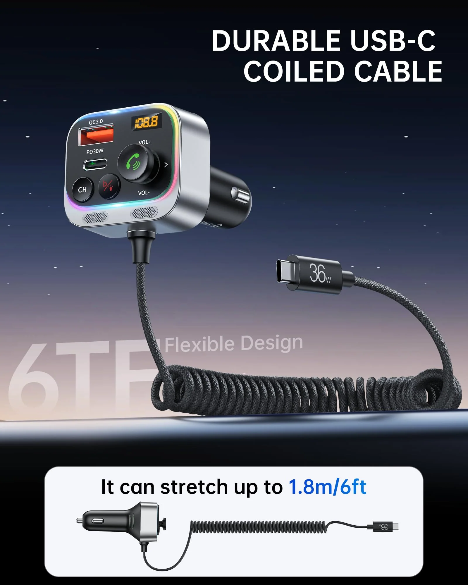 Syncwire Bluetooth 5.4 FM Transmitter Car Adapter 66W PD & QC 3.0 Fast Charging with USB-C Cable Wireless Radio Adapter with Light Control, HiFi Bass, Hands-Free Calling and Strong Mics - Image 6
