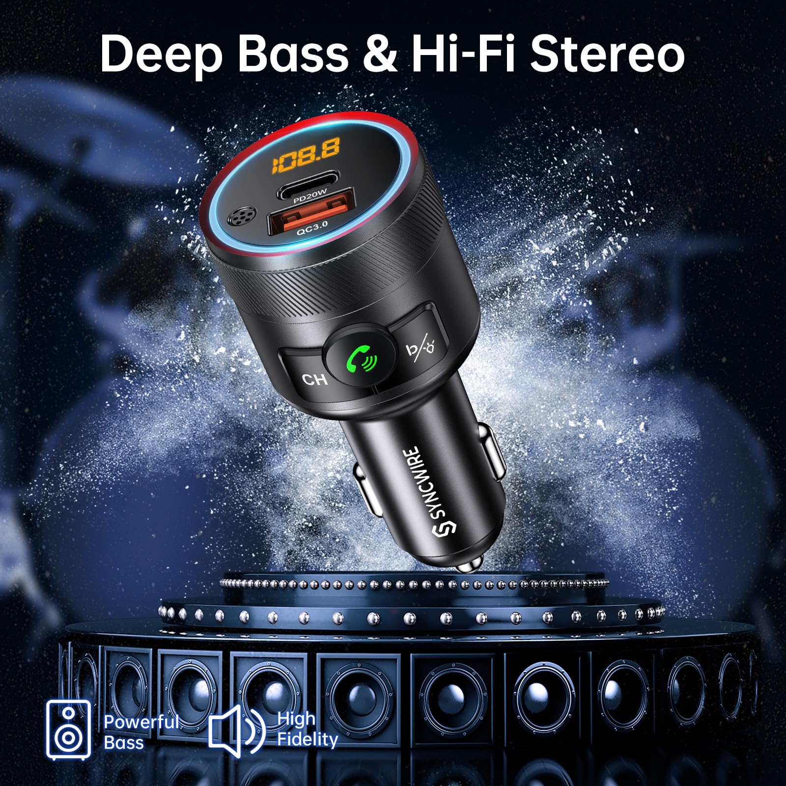 Syncwire Bluetooth 5.4 FM Transmitter for Car, 38W PD&QC3.0 Dual USB Charging Bluetooth Car Adapter Microphone & Bass Sound MP3 Music Player FM Kit with Hands-Free Calling Black - Image 3