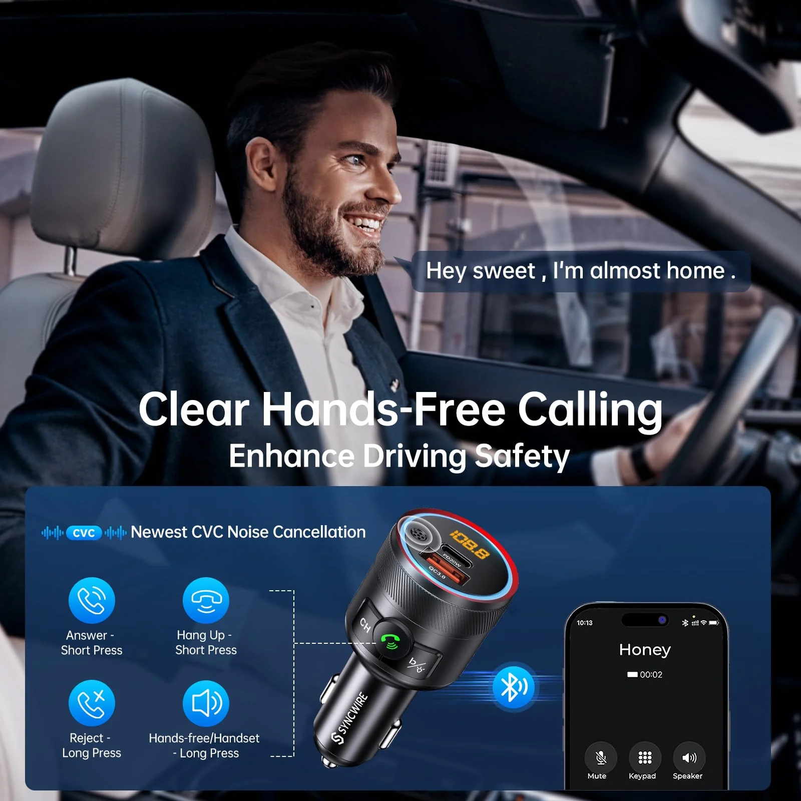 Syncwire Bluetooth 5.4 FM Transmitter for Car, 38W PD&QC3.0 Dual USB Charging Bluetooth Car Adapter Microphone & Bass Sound MP3 Music Player FM Kit with Hands-Free Calling Black - Image 5