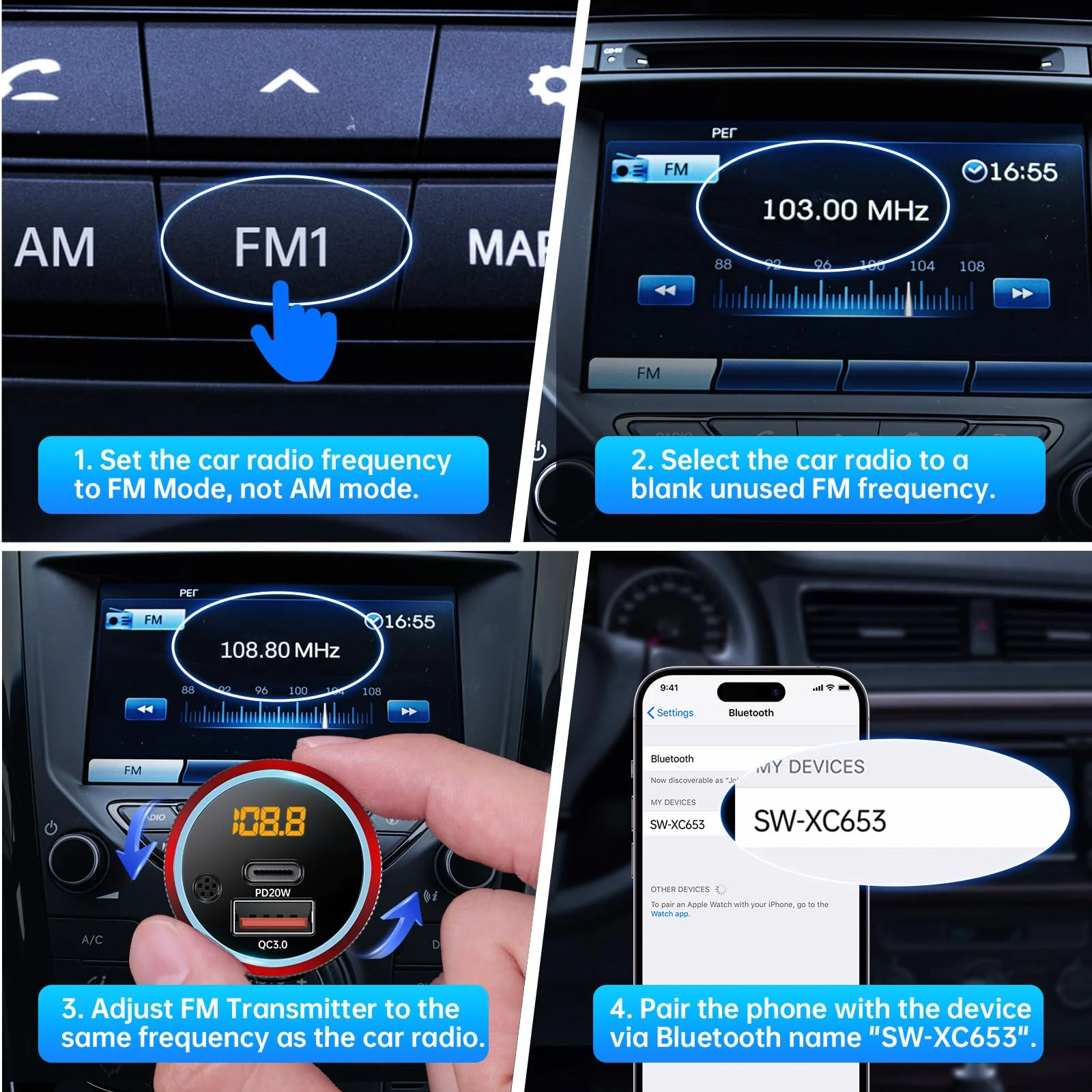 Syncwire Bluetooth 5.4 FM Transmitter for Car, 38W PD&QC3.0 Dual USB Charging Bluetooth Car Adapter Microphone & Bass Sound MP3 Music Player FM Kit with Hands-Free Calling Black - Image 7