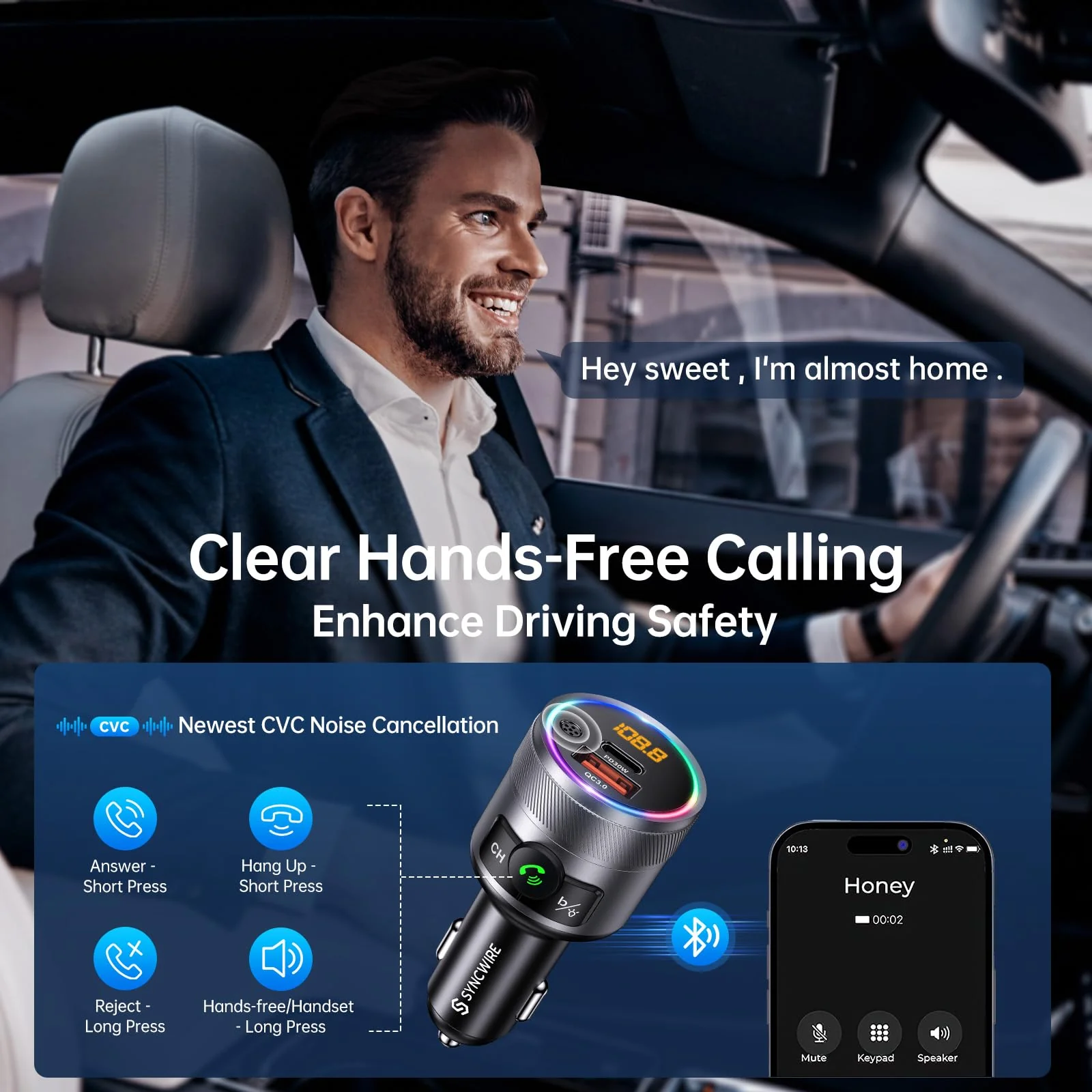 Syncwire Bluetooth 5.4 FM Transmitter for Car, 38W PD&QC3.0 Dual USB Charging Bluetooth Car Adapter Microphone & Bass Sound MP3 Music Player FM Kit with Hands-Free Calling Silver - Image 4