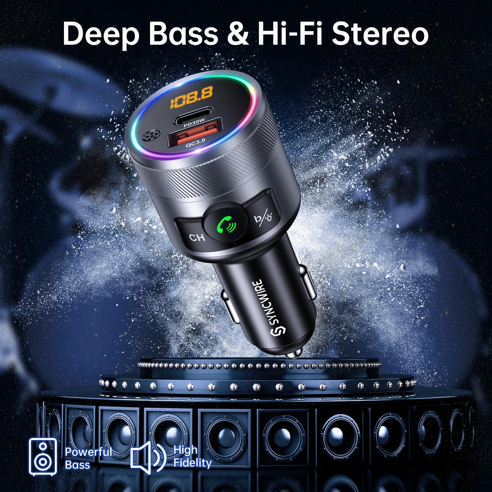 Syncwire Bluetooth 5.4 FM Transmitter for Car, 38W PD&QC3.0 Dual USB Charging Bluetooth Car Adapter Microphone & Bass Sound MP3 Music Player FM Kit with Hands-Free Calling Silver - Image 5