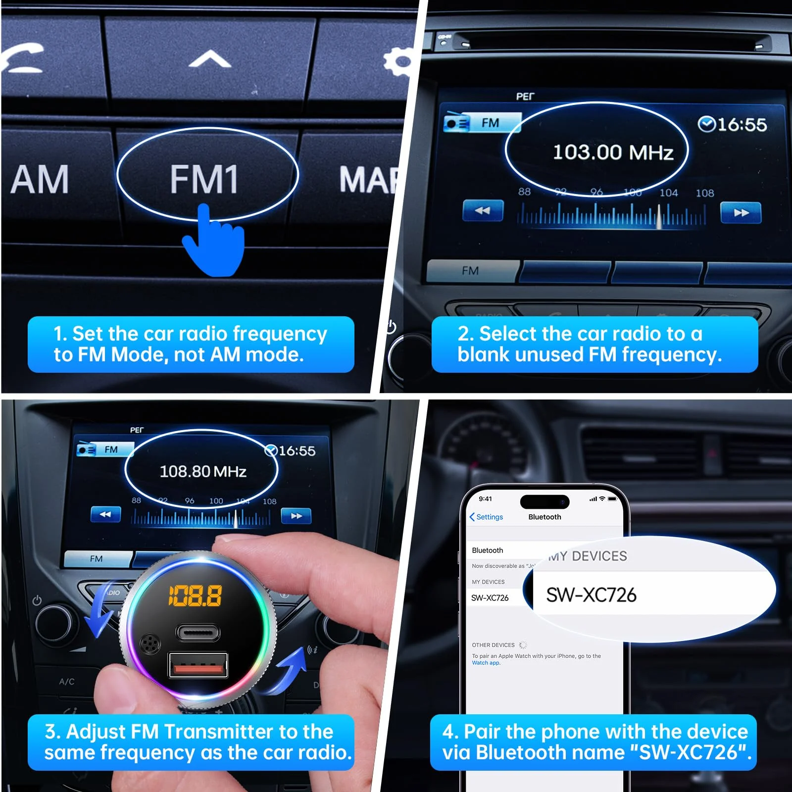Syncwire Bluetooth 5.4 FM Transmitter for Car, 38W PD&QC3.0 Dual USB Charging Bluetooth Car Adapter Microphone & Bass Sound MP3 Music Player FM Kit with Hands-Free Calling Silver - Image 7
