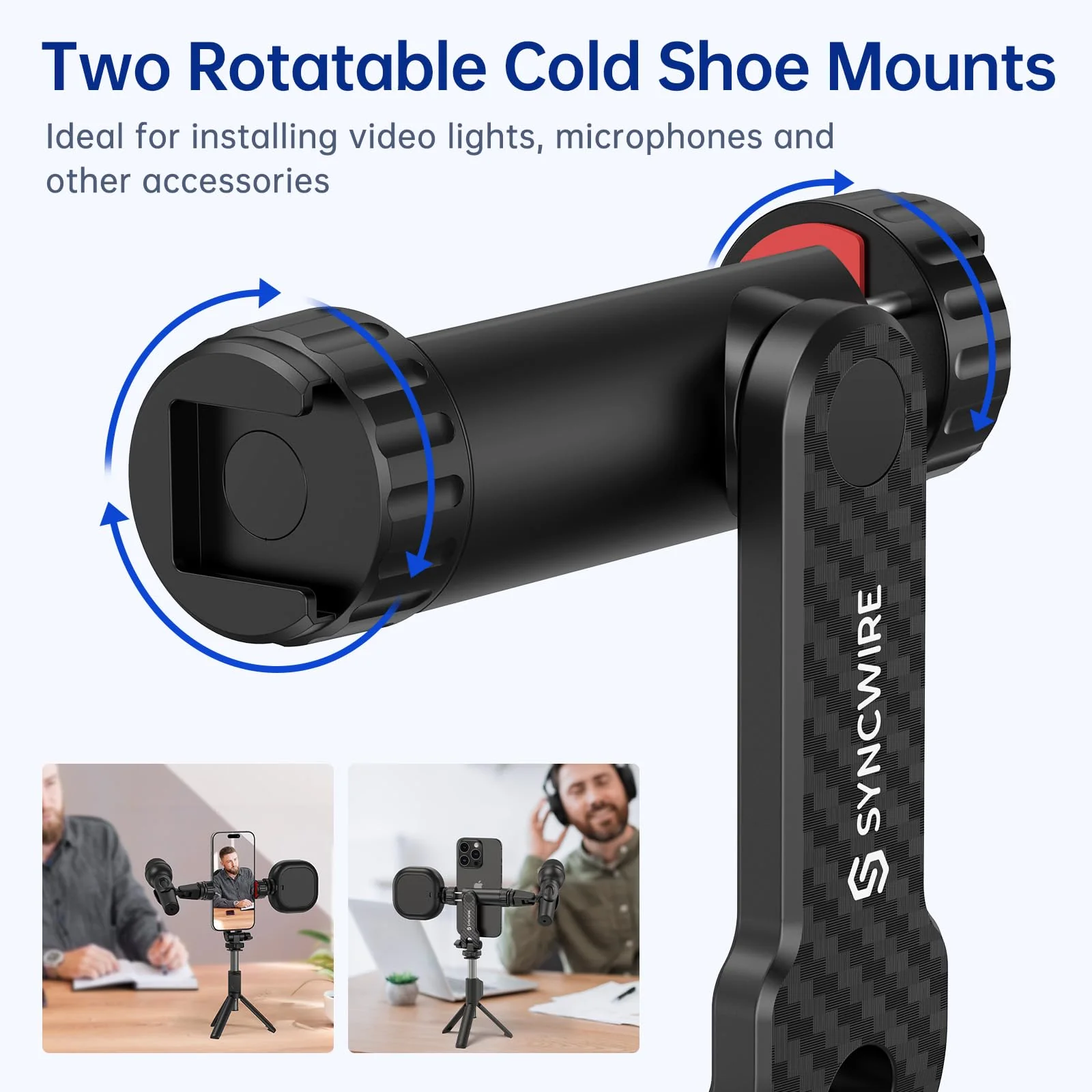 SYNCWIRE Tripod Phone Mount, Universal Smartphone Mount Adapter with 2 Cold Shoe and 1/4" Screw, 360° Rotates and 180° Tilts Adjustable Cell Phone Clamp Holder for Enhancing Mobile Photography Setup - Image 2