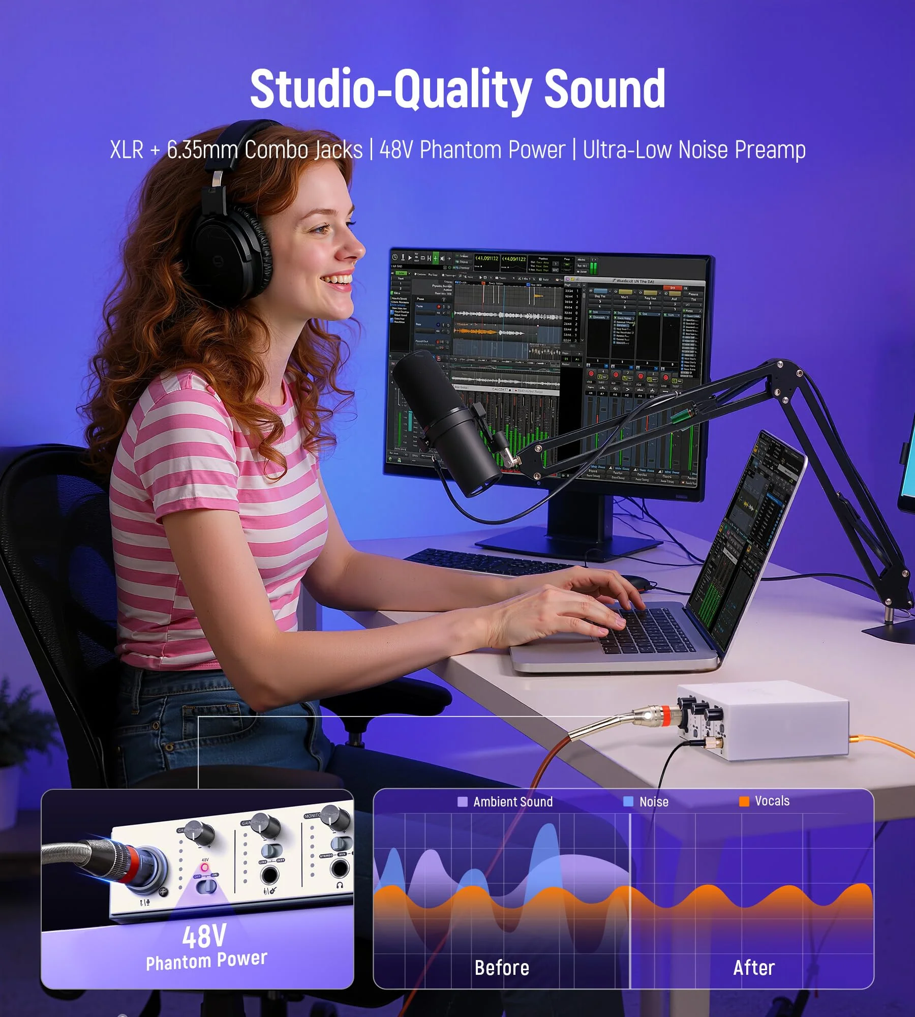 Synido Solo USB C Audio Interface for Recording Music, Streaming, Podcasting with XLR, Line Input, 24bit/48kHz, 48V Phantom Power, 2-channel, Silver Solo Audio Interafce-Silver - Image 2