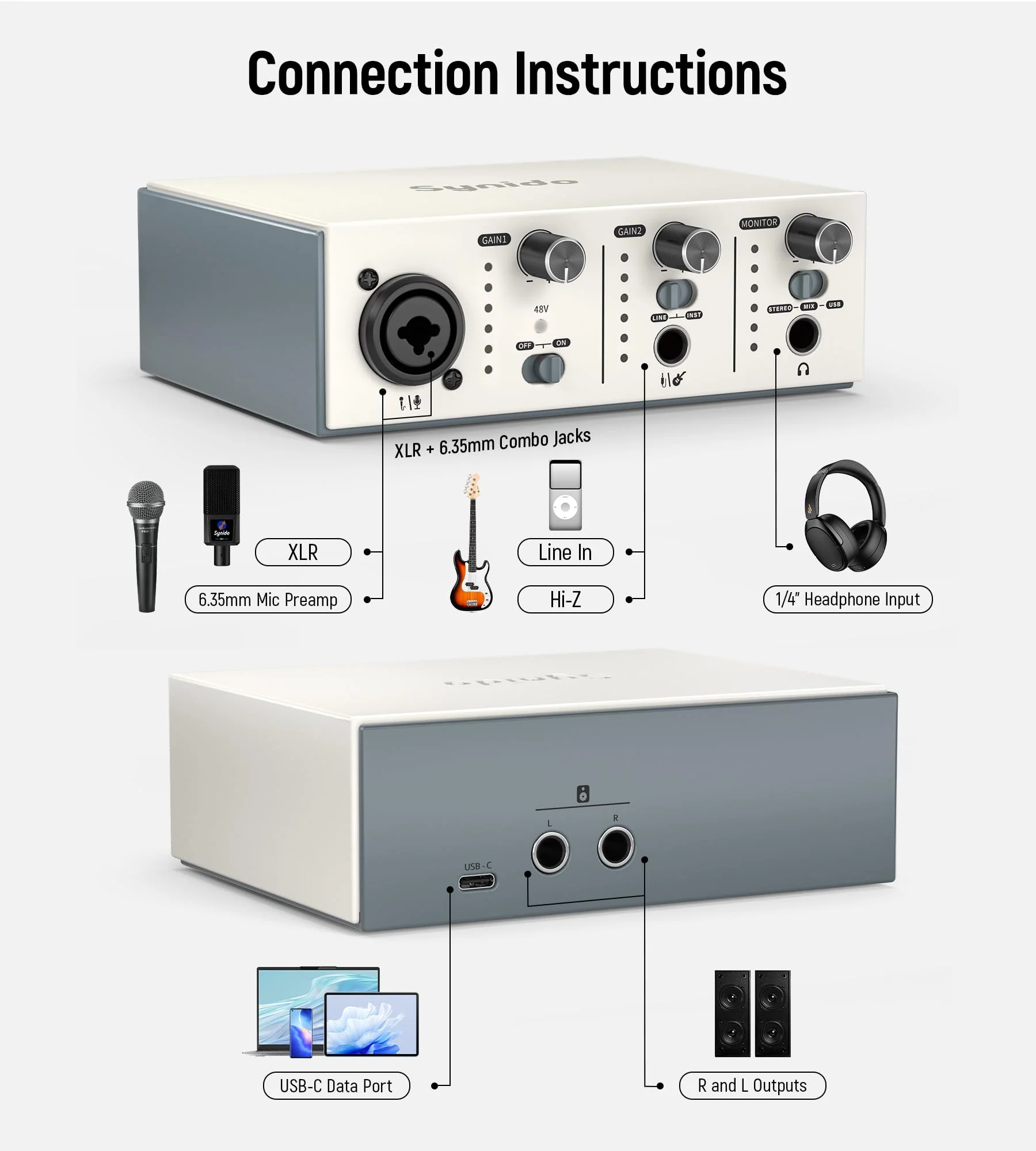 Synido Solo USB C Audio Interface for Recording Music, Streaming, Podcasting with XLR, Line Input, 24bit/48kHz, 48V Phantom Power, 2-channel, Silver Solo Audio Interafce-Silver - Image 3