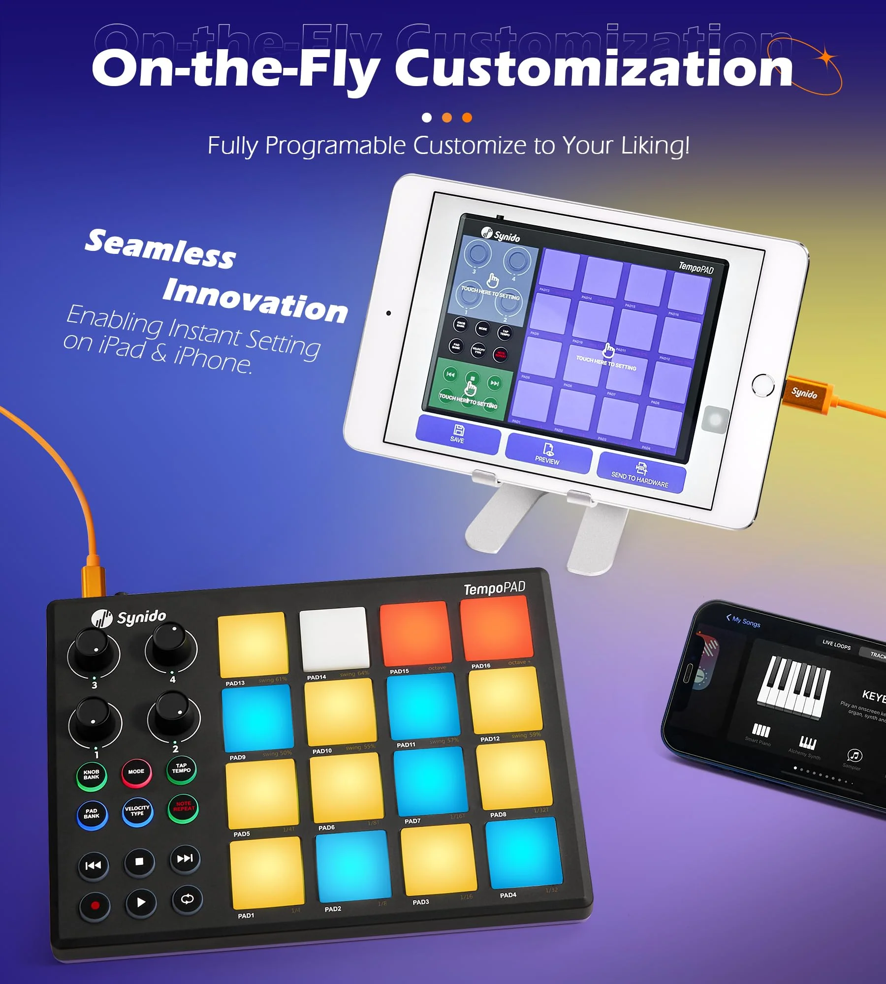 Synido TempoPAD Midi Controller Beat Maker Machine for Music Production, Portable USB MIDI Beat Pad Controller for Beginners with Durable Carrying Bag, 16 Backlit Beat Pad, 4 Assignable Knob Black 16 MIDI - Image 2