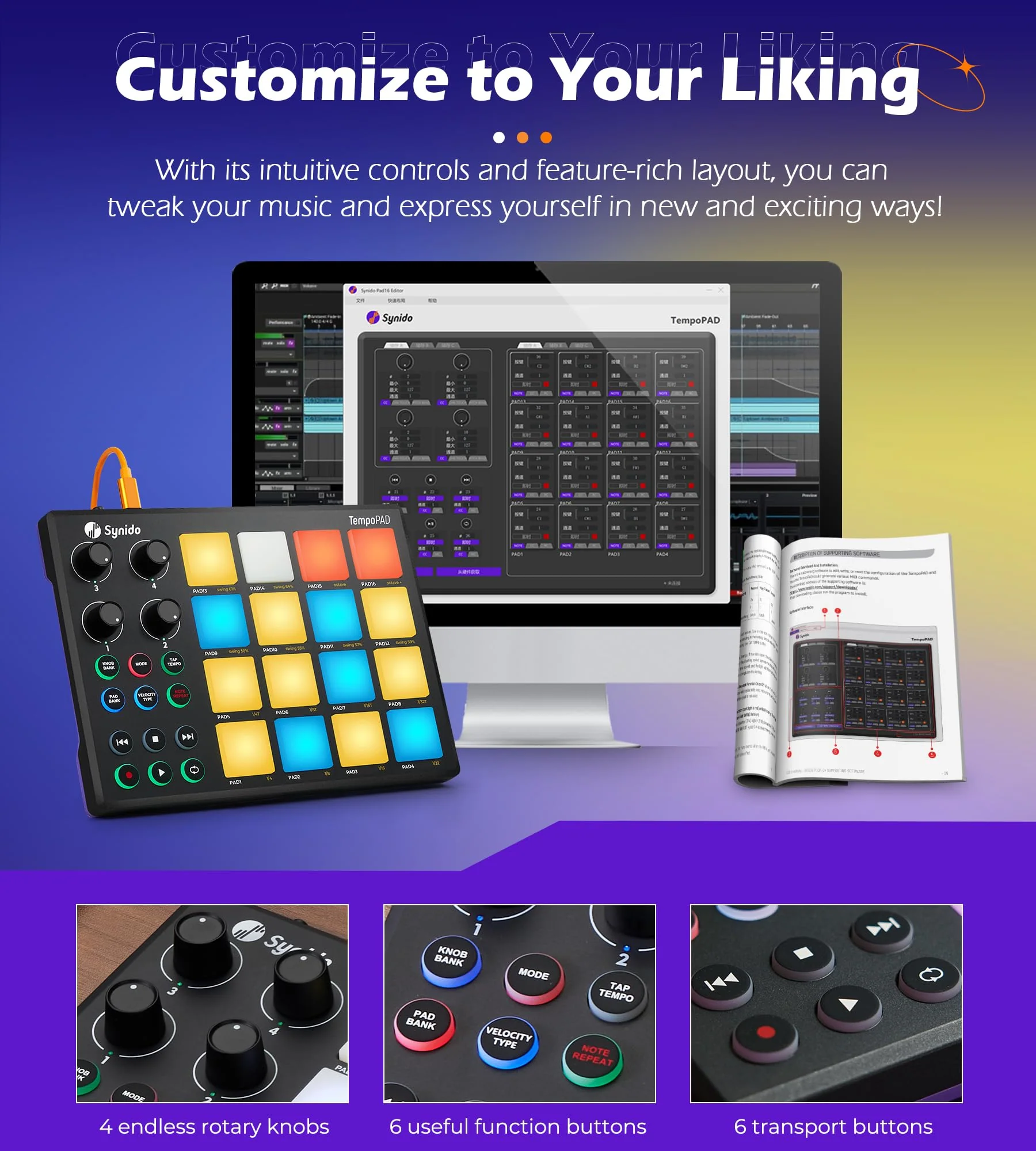Synido TempoPAD Midi Controller Beat Maker Machine for Music Production, Portable USB MIDI Beat Pad Controller for Beginners with Durable Carrying Bag, 16 Backlit Beat Pad, 4 Assignable Knob Black 16 MIDI - Image 3