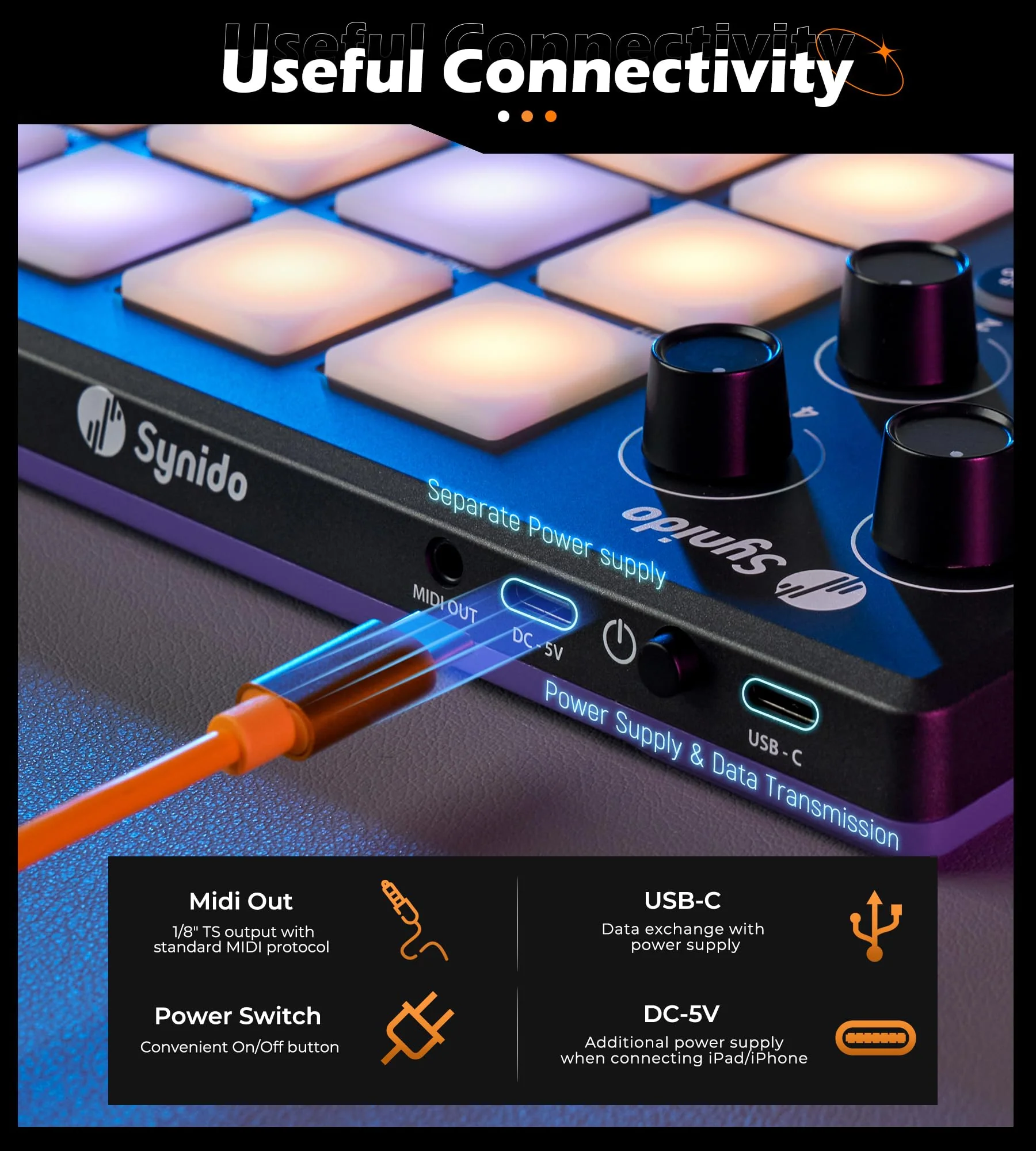 Synido TempoPAD Midi Controller Beat Maker Machine for Music Production, Portable USB MIDI Beat Pad Controller for Beginners with Durable Carrying Bag, 16 Backlit Beat Pad, 4 Assignable Knob Black 16 MIDI - Image 5