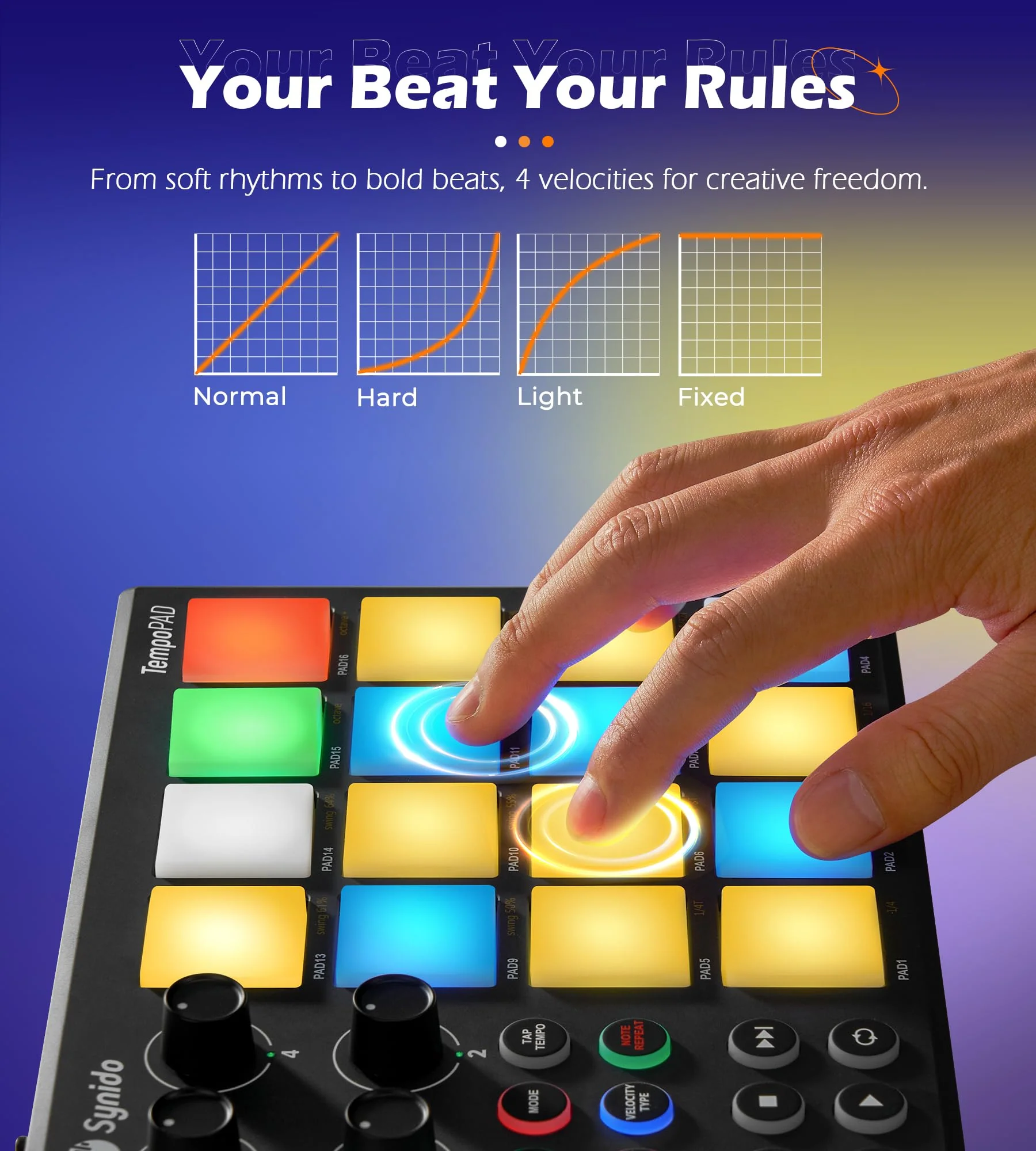 Synido TempoPAD Midi Controller Beat Maker Machine for Music Production, Portable USB MIDI Beat Pad Controller for Beginners with Durable Carrying Bag, 16 Backlit Beat Pad, 4 Assignable Knob Black 16 MIDI - Image 6