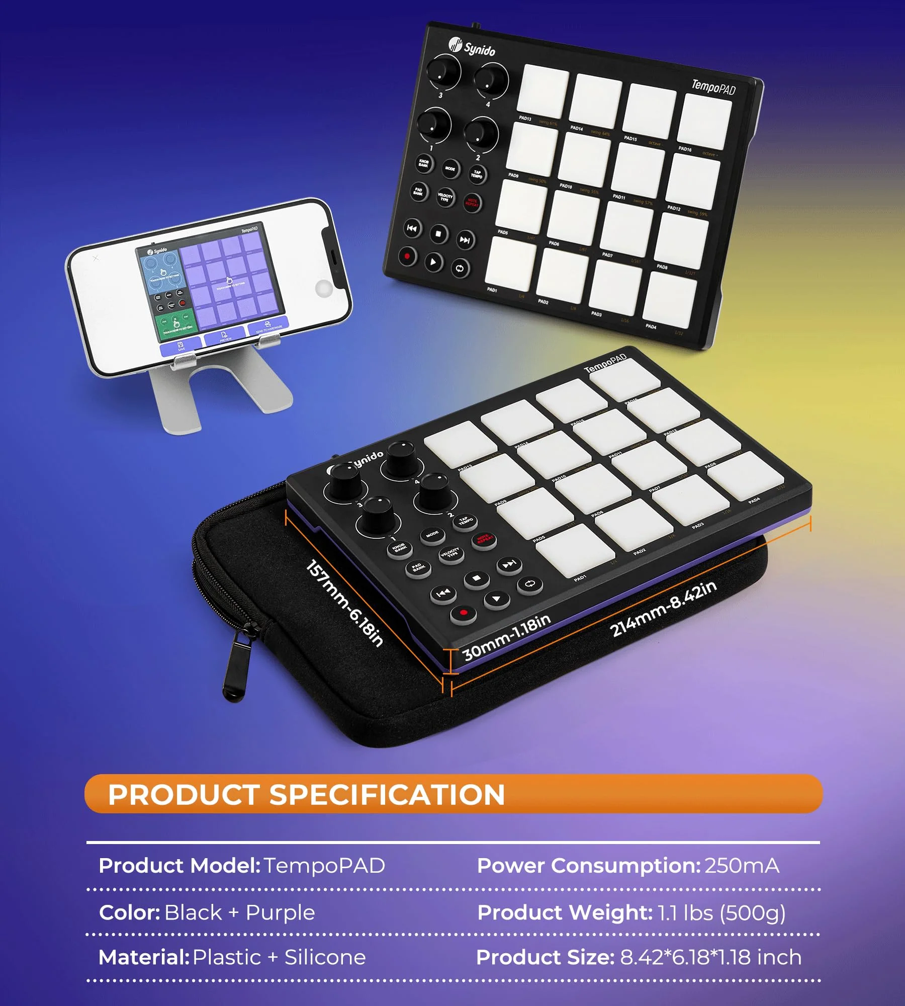 Synido TempoPAD Midi Controller Beat Maker Machine for Music Production, Portable USB MIDI Beat Pad Controller for Beginners with Durable Carrying Bag, 16 Backlit Beat Pad, 4 Assignable Knob Black 16 MIDI - Image 8