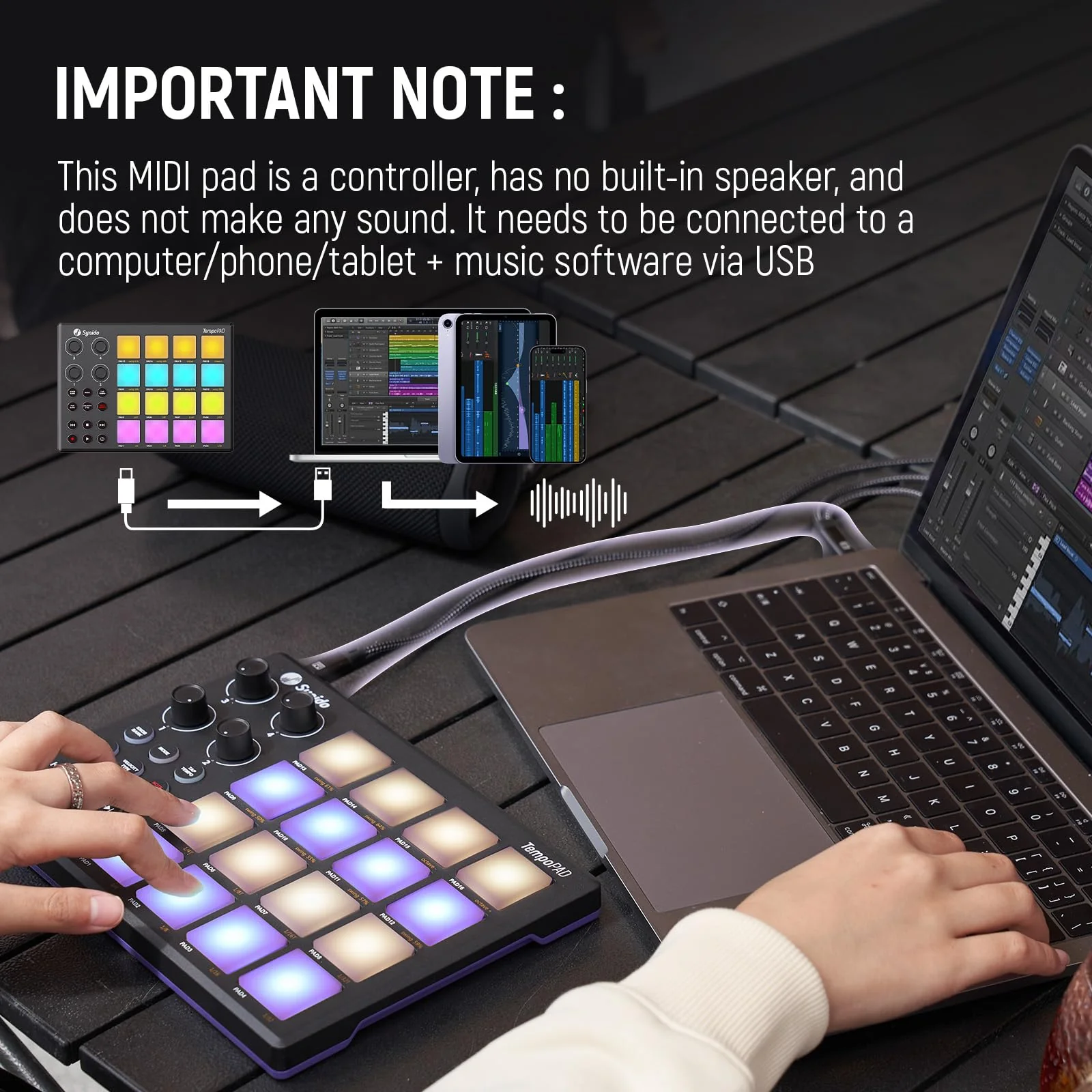 Synido TempoPAD Midi Controller Beat Maker Machine for Music Production, Portable USB MIDI Beat Pad Controller for Beginners with Durable Carrying Bag, 16 Backlit Beat Pad, 4 Assignable Knob Black 16 MIDI - Image 9