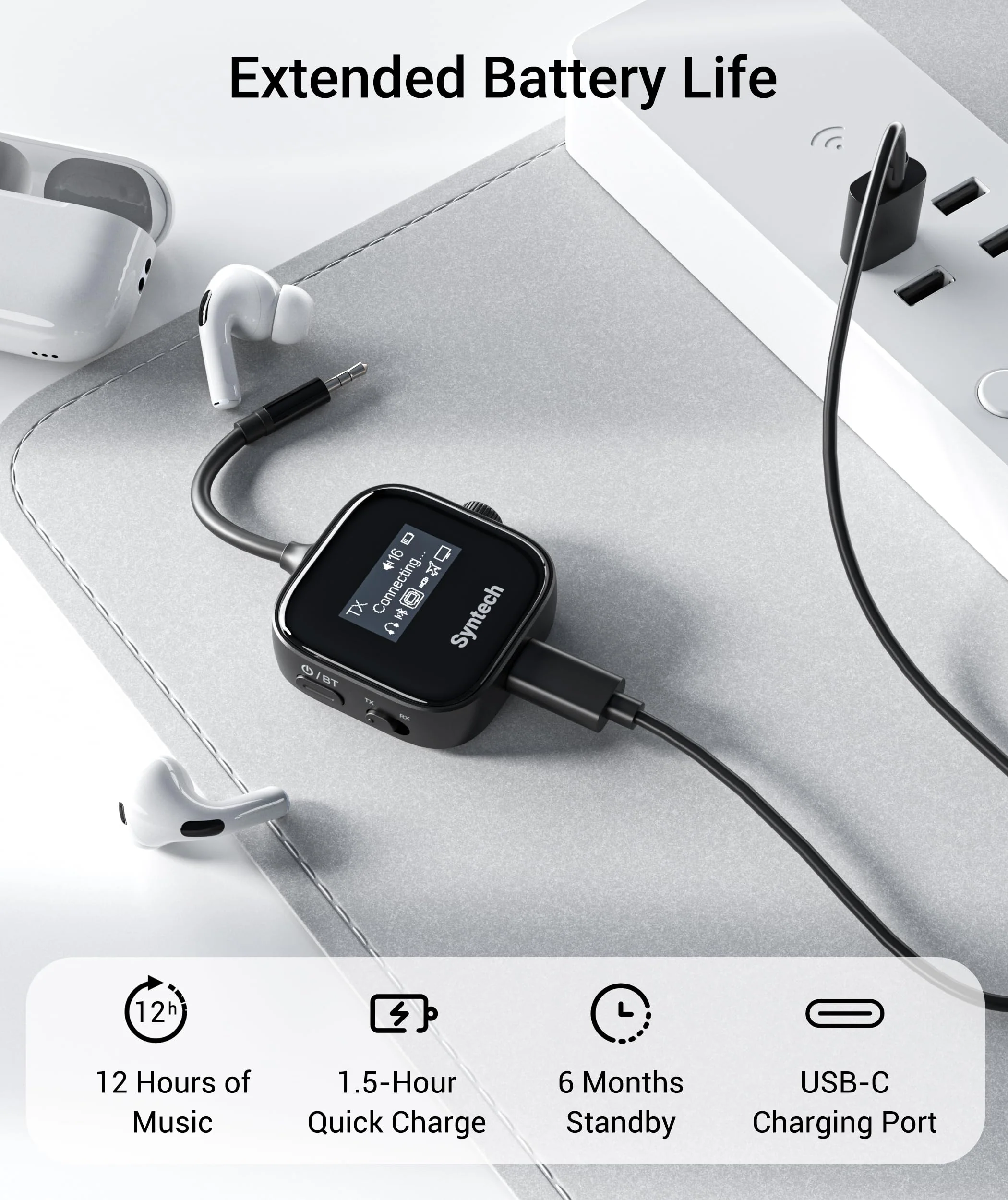 Syntech Airplane Bluetooth Transmitter Receiver 5.4 Adapter for 2 AirPods or Wireless Headphones, HD Display Low Latency 3.5mm AUX Jack Bluetooth Audio Adapter for Flying, TV, Car, Gym, Home Stereo Black - Image 7
