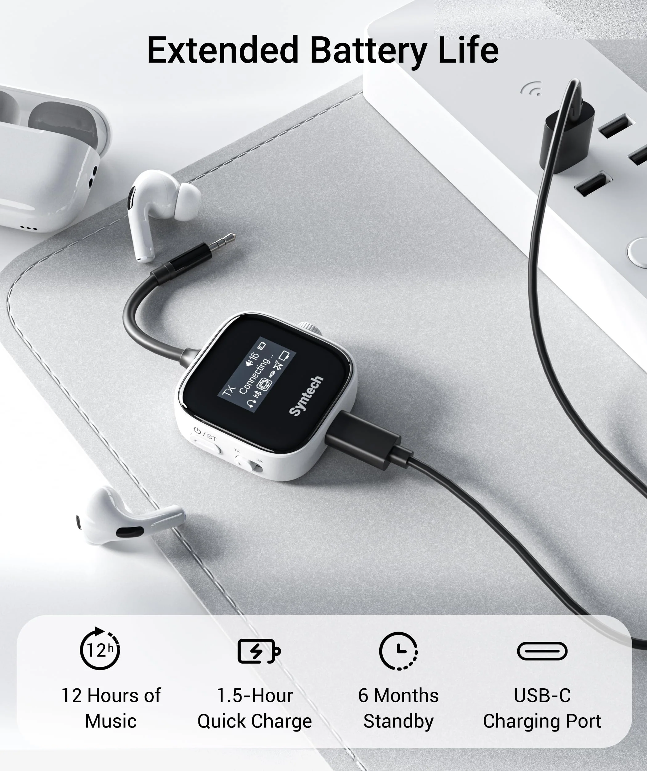 Syntech Airplane Bluetooth Transmitter Receiver for 2 AirPods or Wireless Headphones, HD Display Low Latency 3.5mm AUX Jack Bluetooth 5.4 Audio Adapter for Flying, TV, Car, Gym, Home Stereo White - Image 7