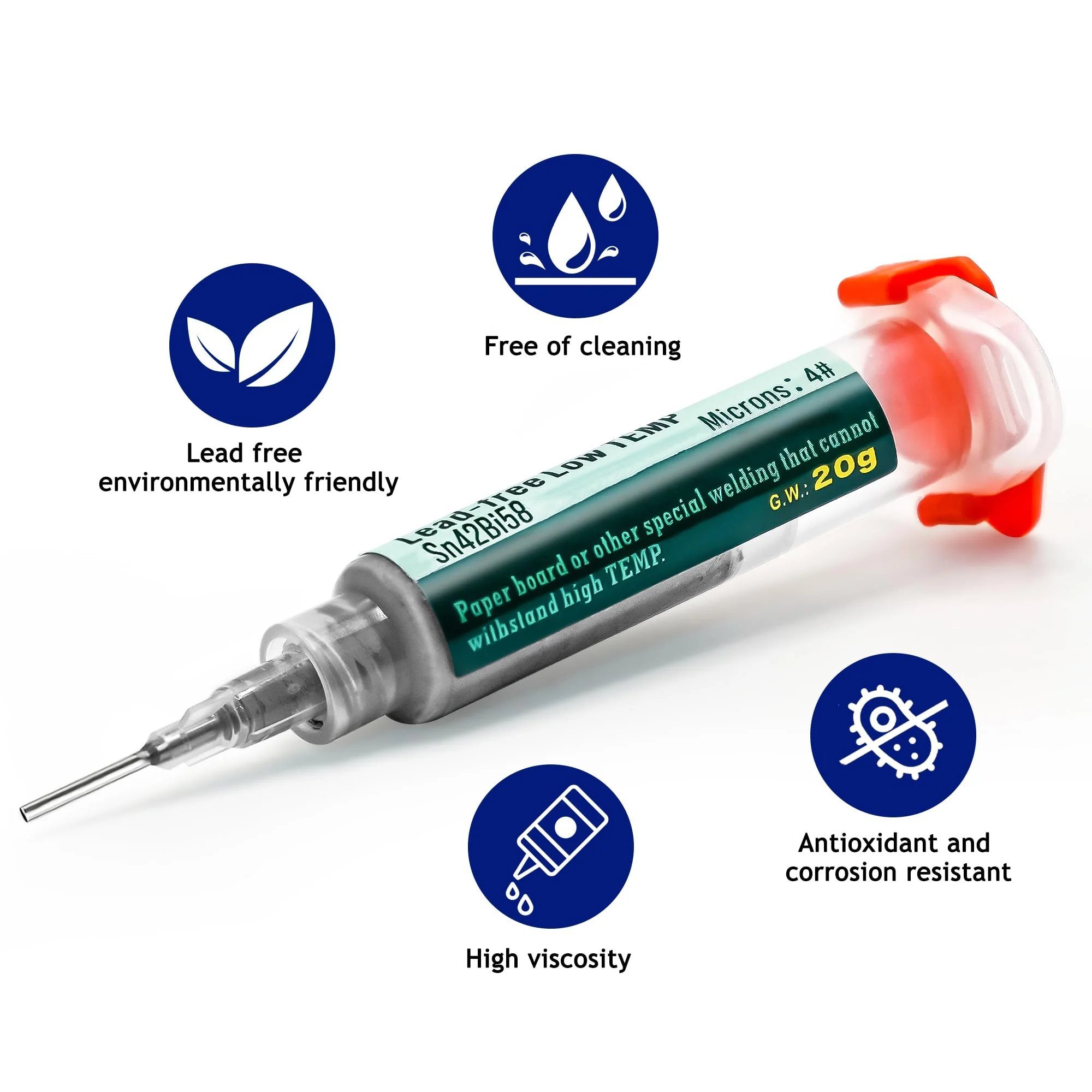 Syringe Soldering Paste, Sn42 Bi58 Soldering Paste SMD, Lead-Free Soldering Paste with 2 Dosing Tools and Push Rods, No Cleaning Required, Low Temperature 138°C, for BGA SMT Solder (20g) - Image 5