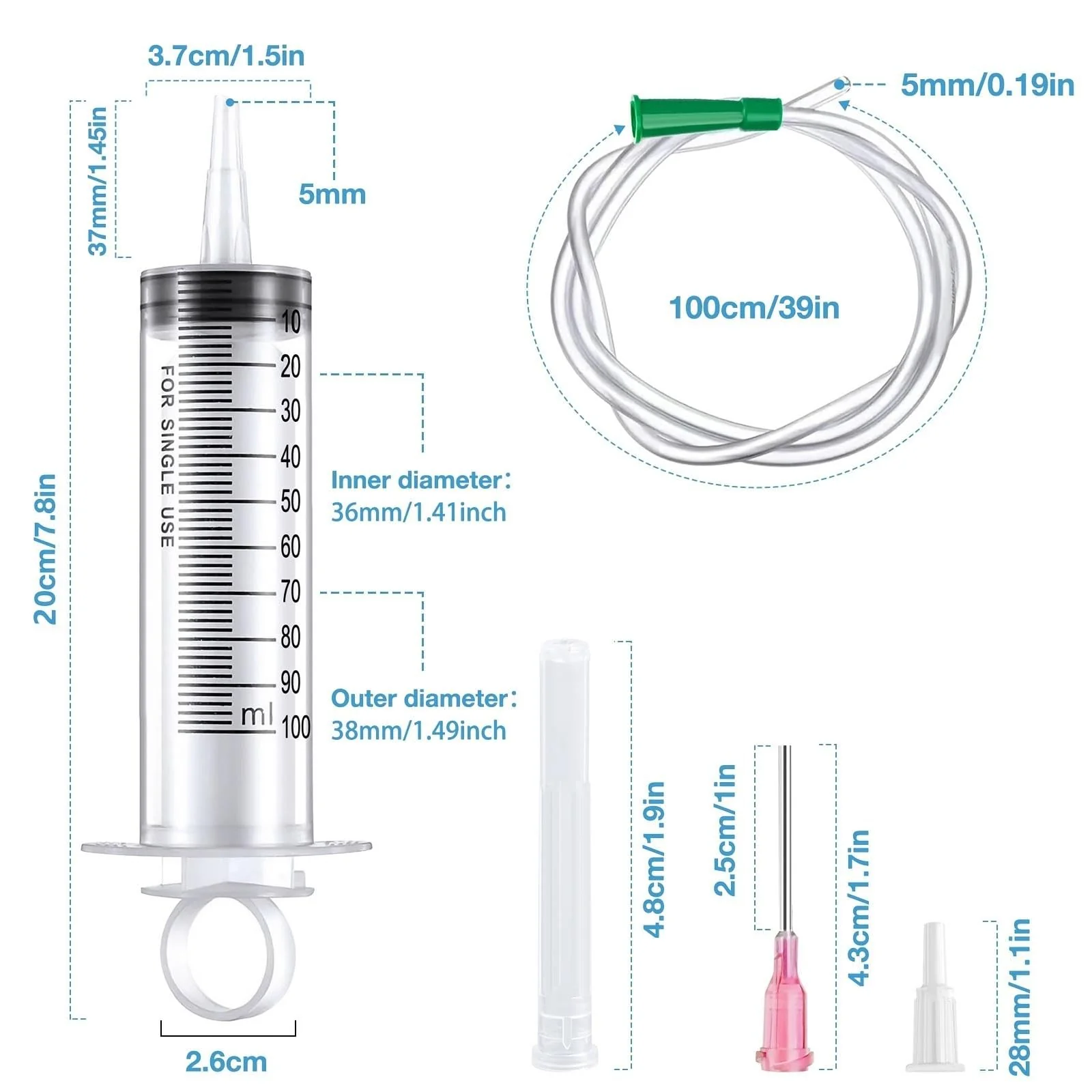 Syringes with Hose, 100 ml Syringe with 20G Needle, Blunt Disposable Syringes, Colostrum Syringes, Reusable Plastic Syringes for Laboratory, Garden and Industry - Image 2