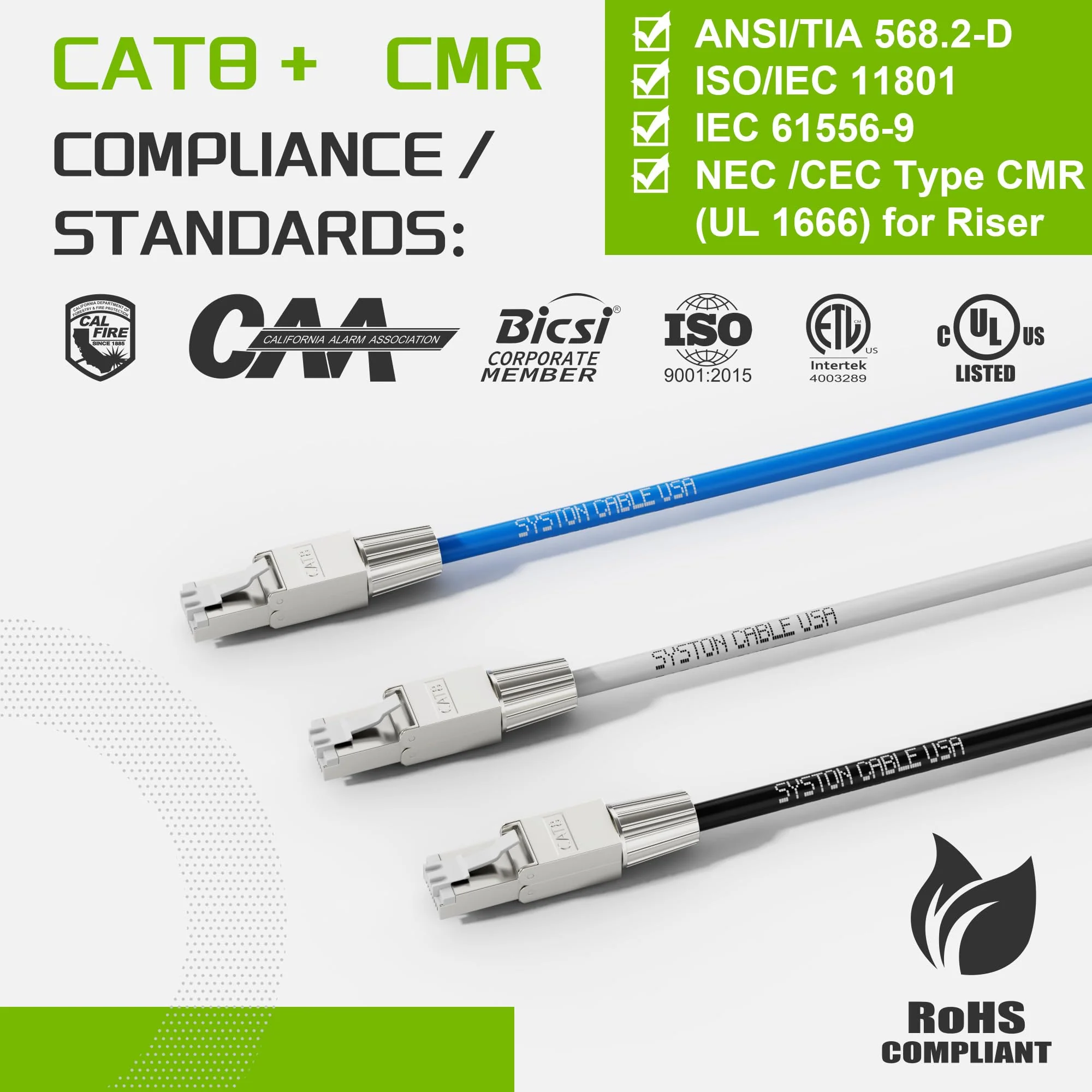 SYSTON Cat8 Ethernet Cable Patch 20ft Black, 2000MHz 2GHz 40GB Solid Bare Copper S/FTP Braided Shielded, 22/4 22 AWG 4 Pair CMR CL2R FT4, Network LAN Cable for Indoor/Outdoor PoE Internet PC Laptop 20 FT - Image 3