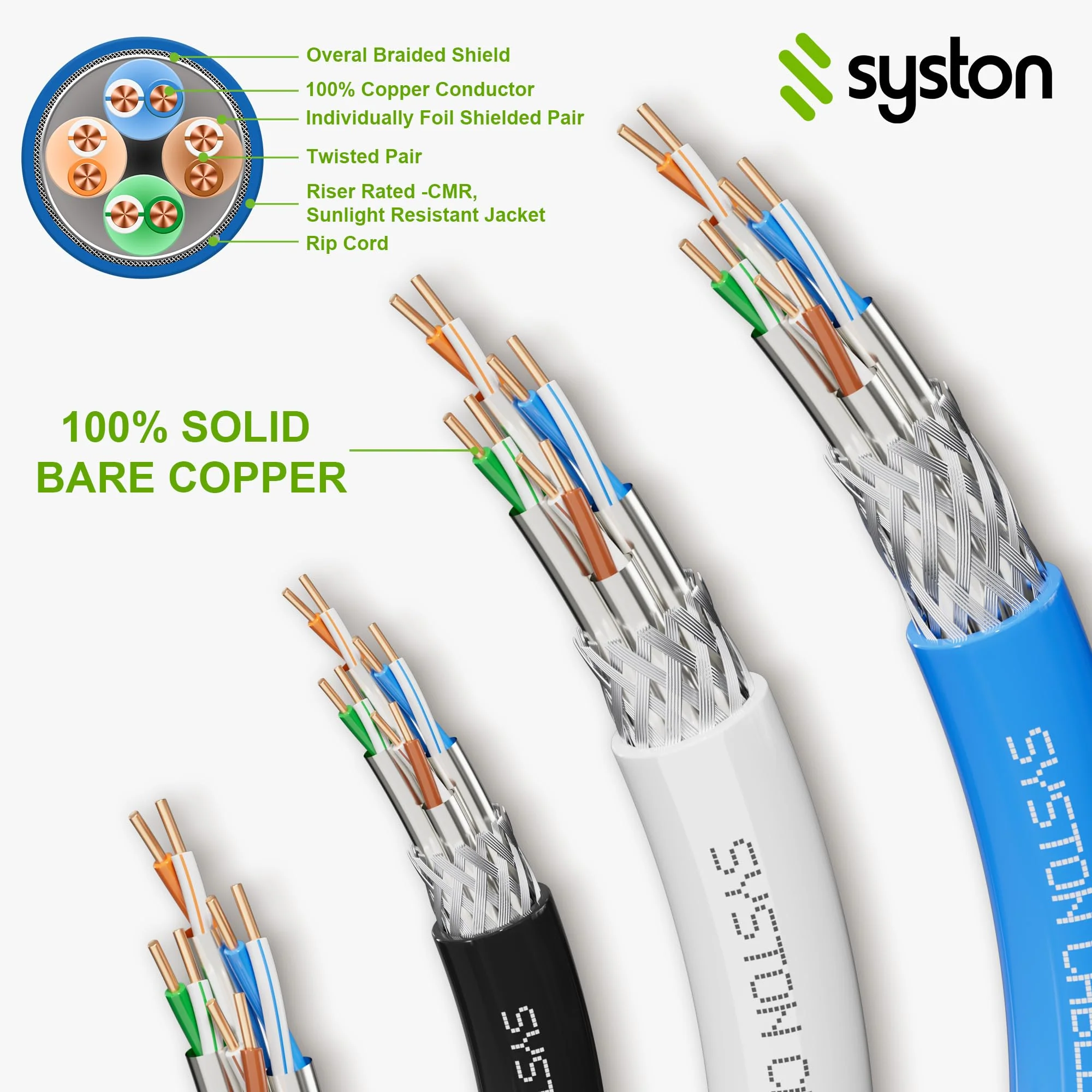SYSTON Cat8 Ethernet Cable Patch 20ft Black, 2000MHz 2GHz 40GB Solid Bare Copper S/FTP Braided Shielded, 22/4 22 AWG 4 Pair CMR CL2R FT4, Network LAN Cable for Indoor/Outdoor PoE Internet PC Laptop 20 FT - Image 5