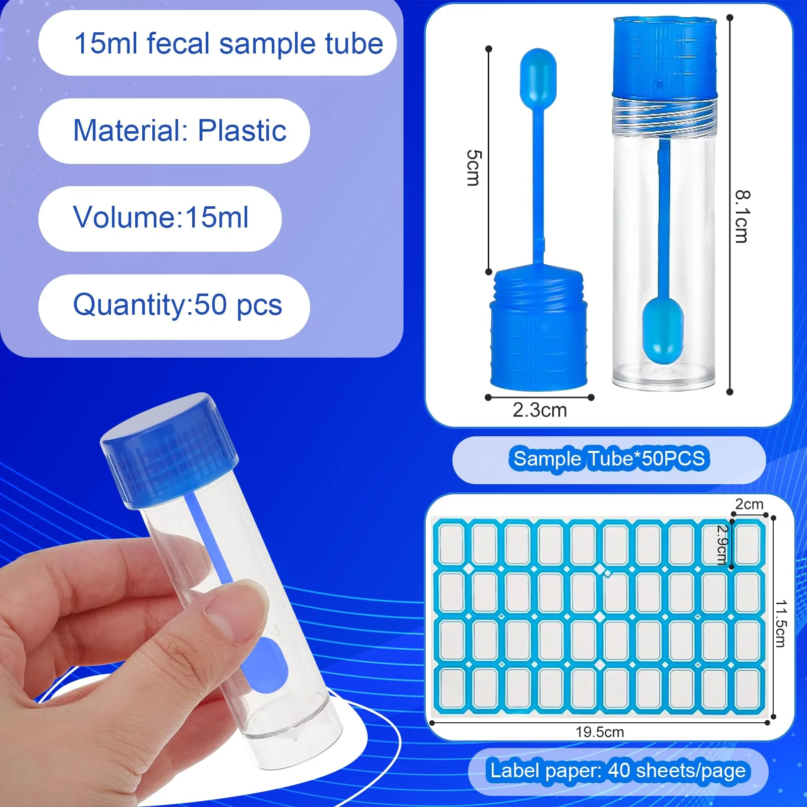 SZSMW 50 Chair Sample Tubes – Sample Tube – Dog Faecal Sample Tube – Suitable for Collecting Various Solids, Liquids or Powders, for Testing Pet Samples, with Stickers - Image 6