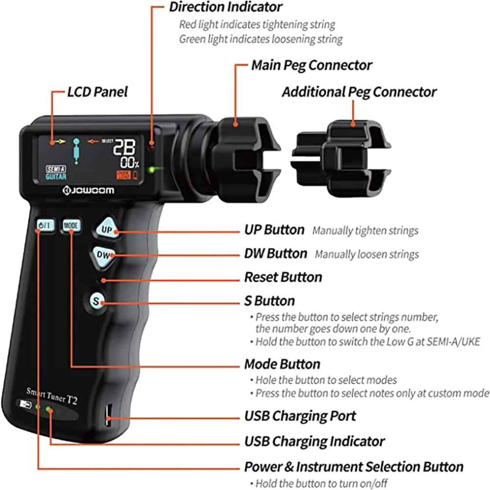 T2 Smart Guitar Tuner & Automatic Peg String Winder 2-in-1 Multi-functional String Instrument Tool for Guitars/Ukulele/Banjo/Mandolin - Image 3