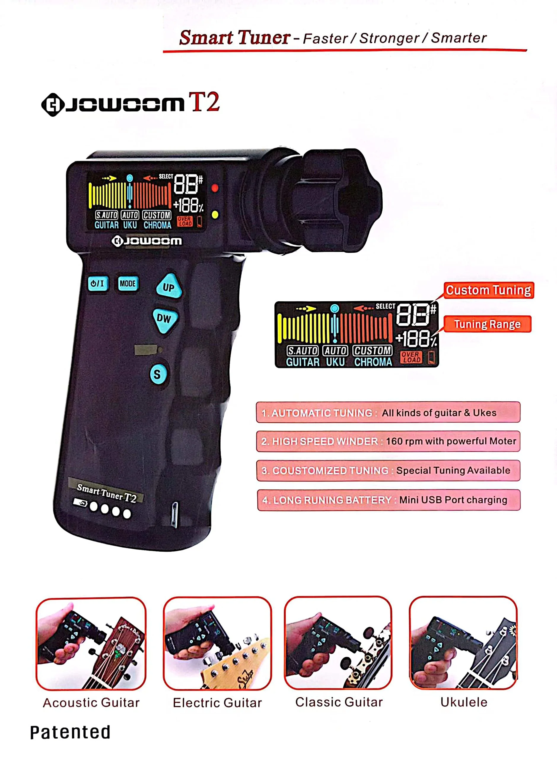 T2 Smart Guitar Tuner & Automatic Peg String Winder 2-in-1 Multi-functional String Instrument Tool for Guitars/Ukulele/Banjo/Mandolin - Image 4