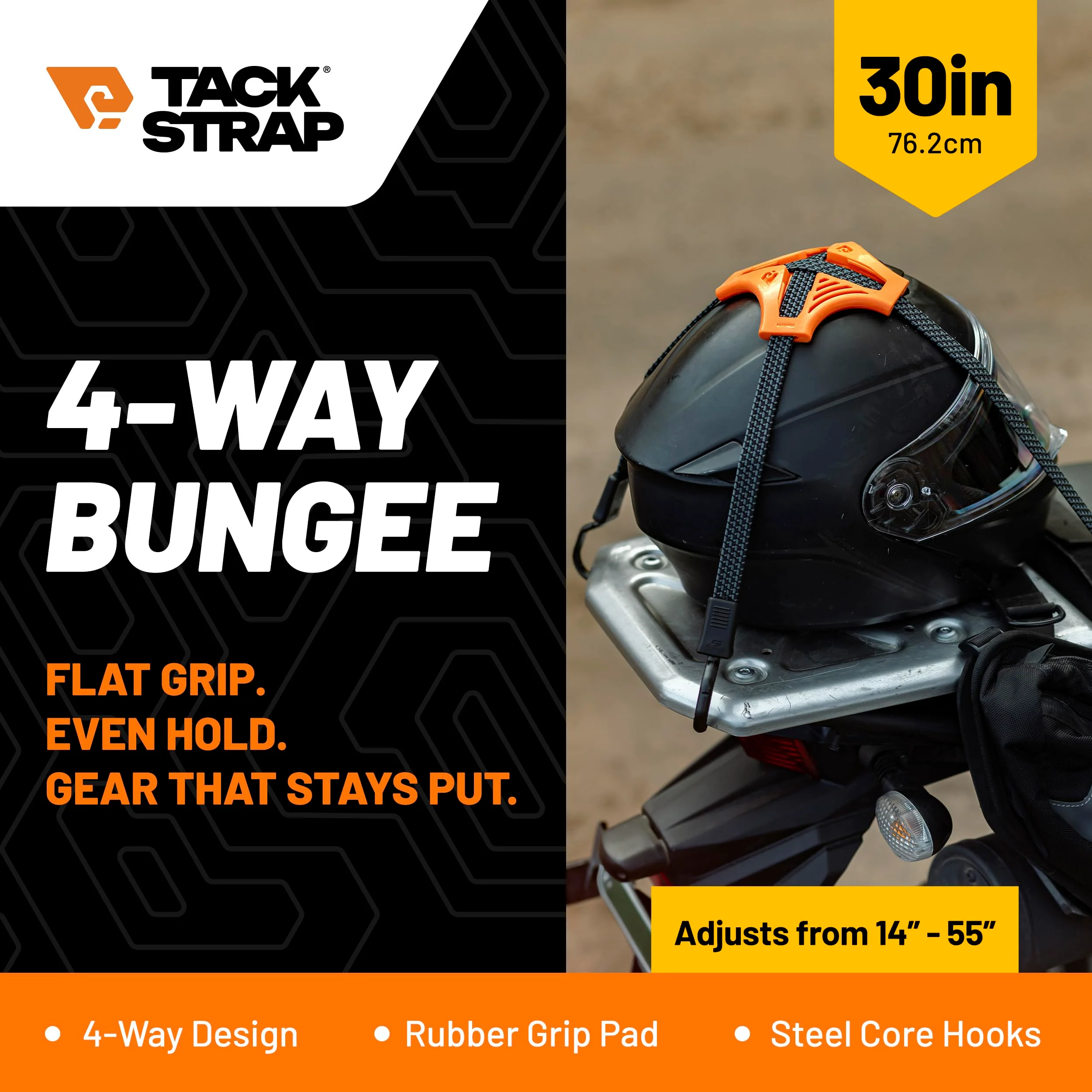 Tack Strap – 4-Way Flat Bungee Cord with Rubber Pad Grip, Non-Slip Tie Down Straps for Motorcycle, ATV, Kayak, Cycling, Camping, Truck Storage, Adjustable Bungee Cords - 2 Pack (Black & Blue) Black and Blue - Image 2