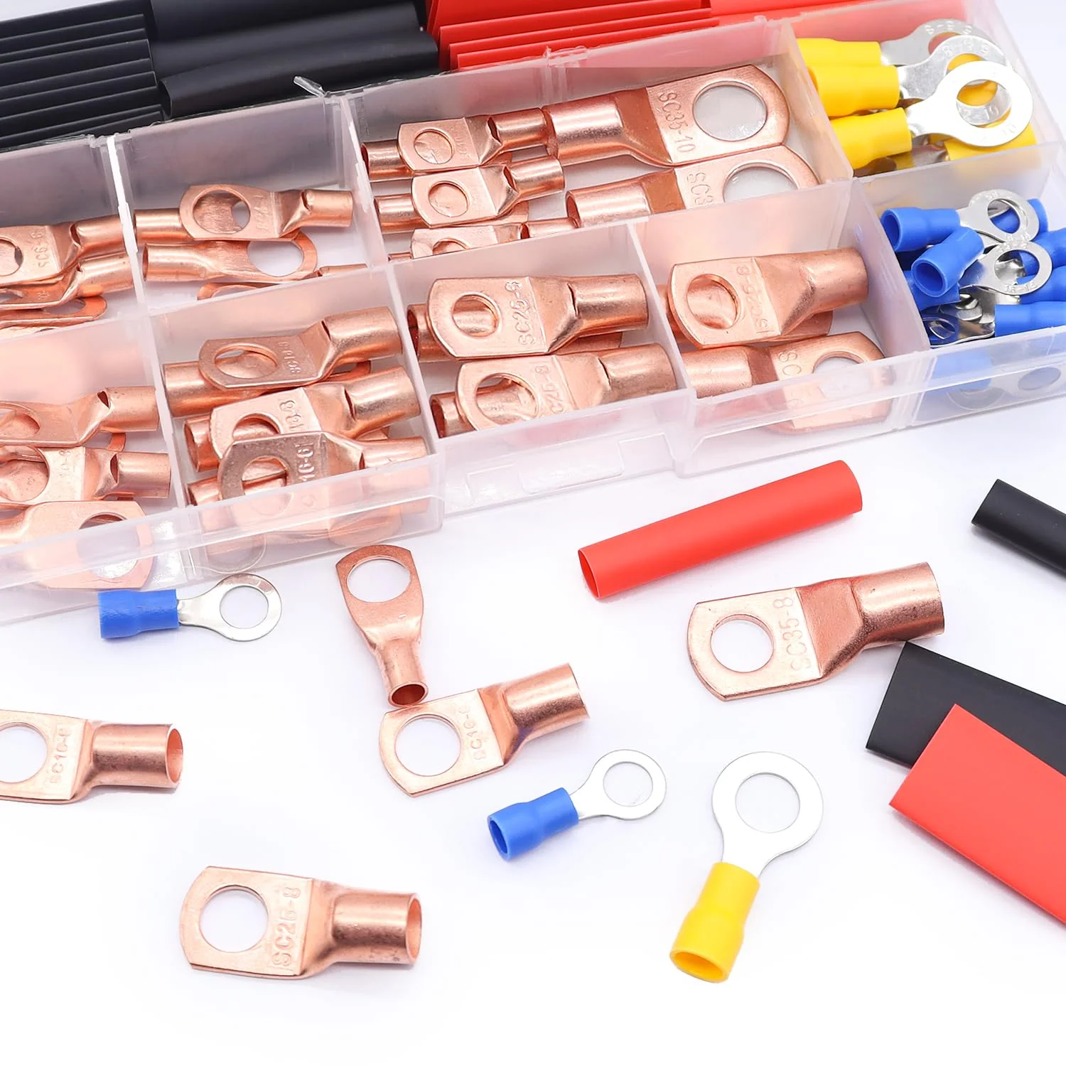 Taiss 110PCS Copper Wire Lugs,Battery lugs AWG 2/4/6/8/10/12/14/16 Gauge Copper lugs Assortment,Battery Cable Ends Copper Ring Terminals Connectors with Heat Shrink - Image 6